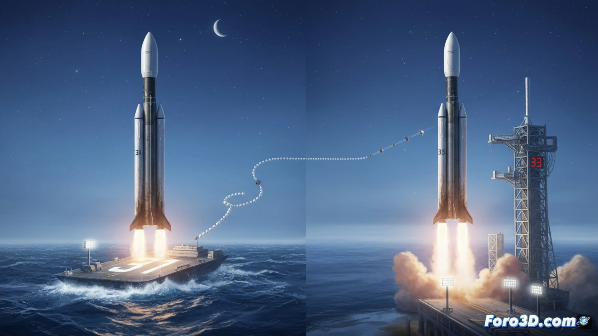 Dos cohetes Falcon 9 despegan, cada uno con más de 30 misiones, sobre plataformas marinas al atardecer.