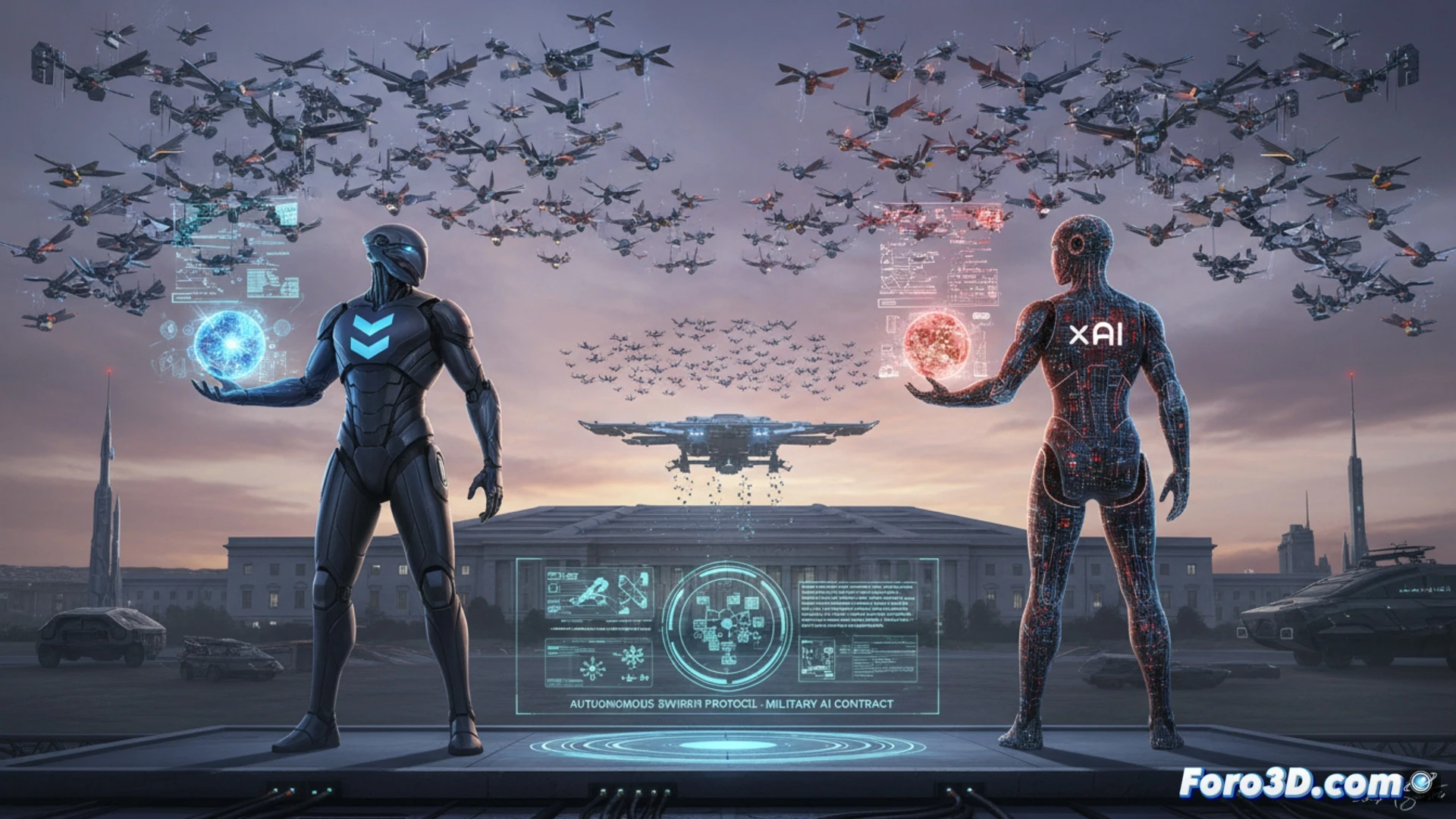 Un enjambre de drones de combate autónomos, coordinados por IA, sobrevuela un paisaje desértico mientras símbolos de SpaceX y xAI se proyectan en el cielo.