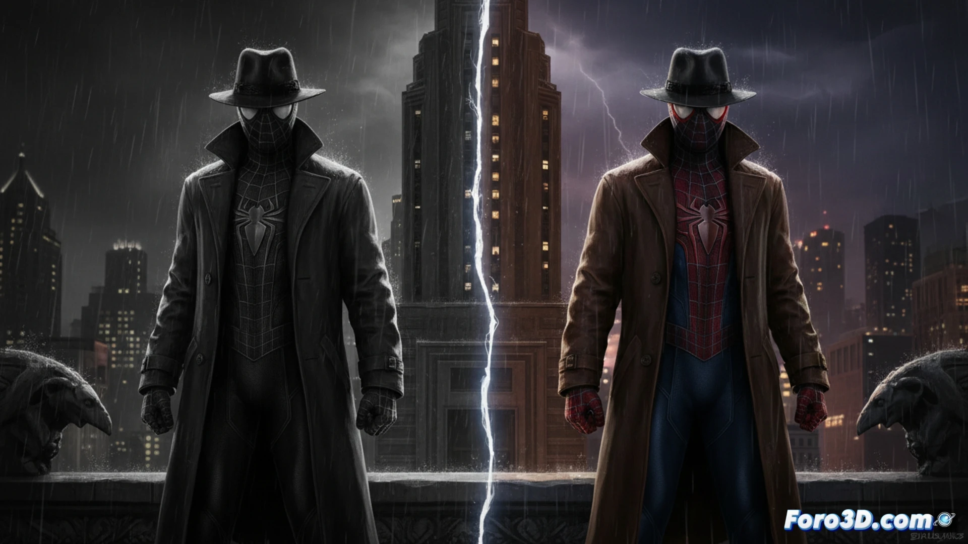 Un Spider-Noir en silueta, con sombrero y gabardina, camina bajo la lluvia en una calle neoyorquina de los años 30, iluminado por letreros de neón y sombras profundas.