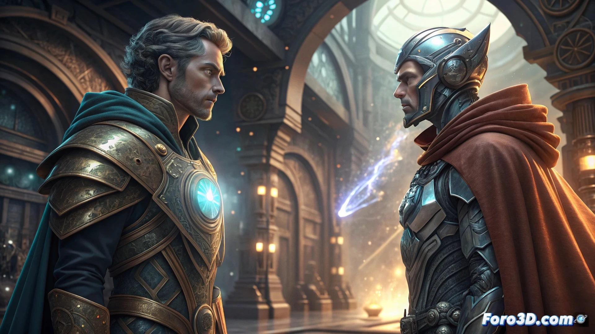 Dos escritores en mundos opuestos: uno dispara en una ciudad futurista, el otro lanza hechizos en un reino fantástico, conectados por un portal brillante.