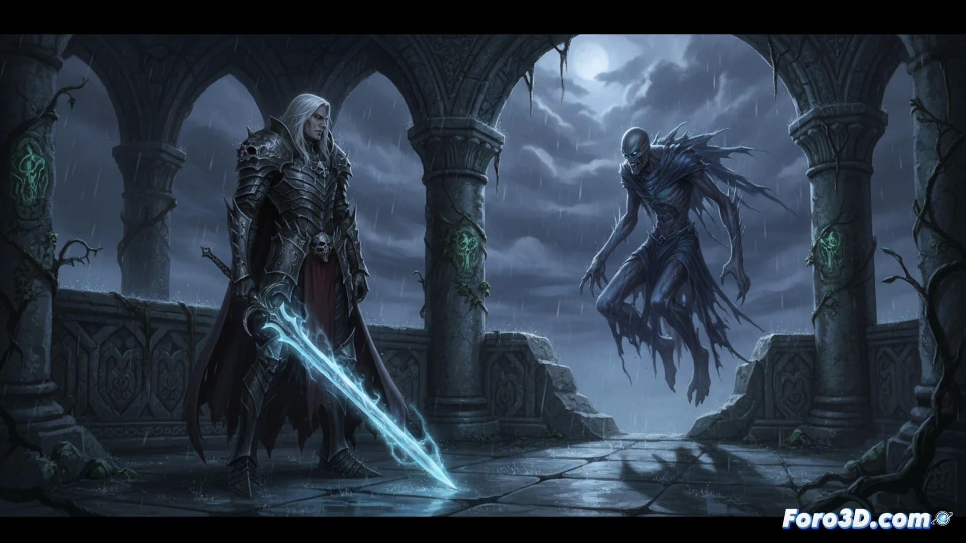Captura de pantalla o arte conceptual oficial de Legacy of Kain Ascendance mostrando a Kain y Raziel en un entorno gótico del mundo de Nosgoth.