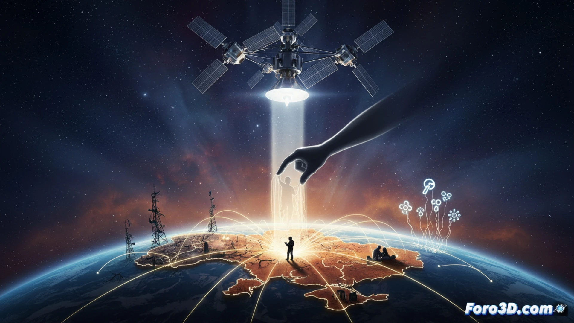 Una constelación de satélites sobre un mapa mundial, con líneas de conexión intensas sobre zonas de conflicto resaltadas en rojo.