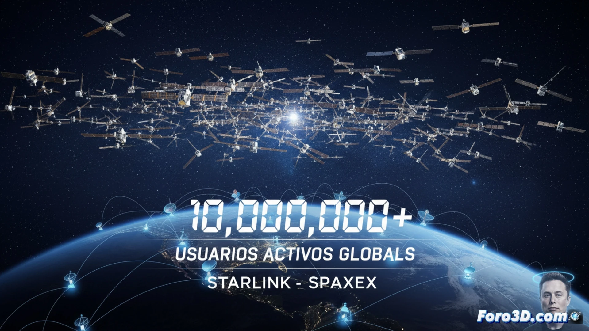 Globo terráqueo rodeado por una constelación de satélites Starlink, con el número 