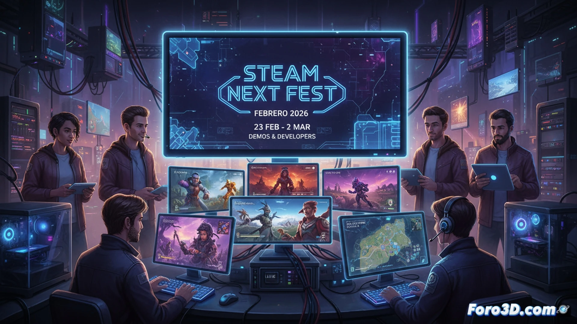 Una multitud de avatares digitales explora un vibrante festival virtual, con pantallas flotantes mostrando demos de videojuegos futuristas y desarrolladores interactuando en directo.