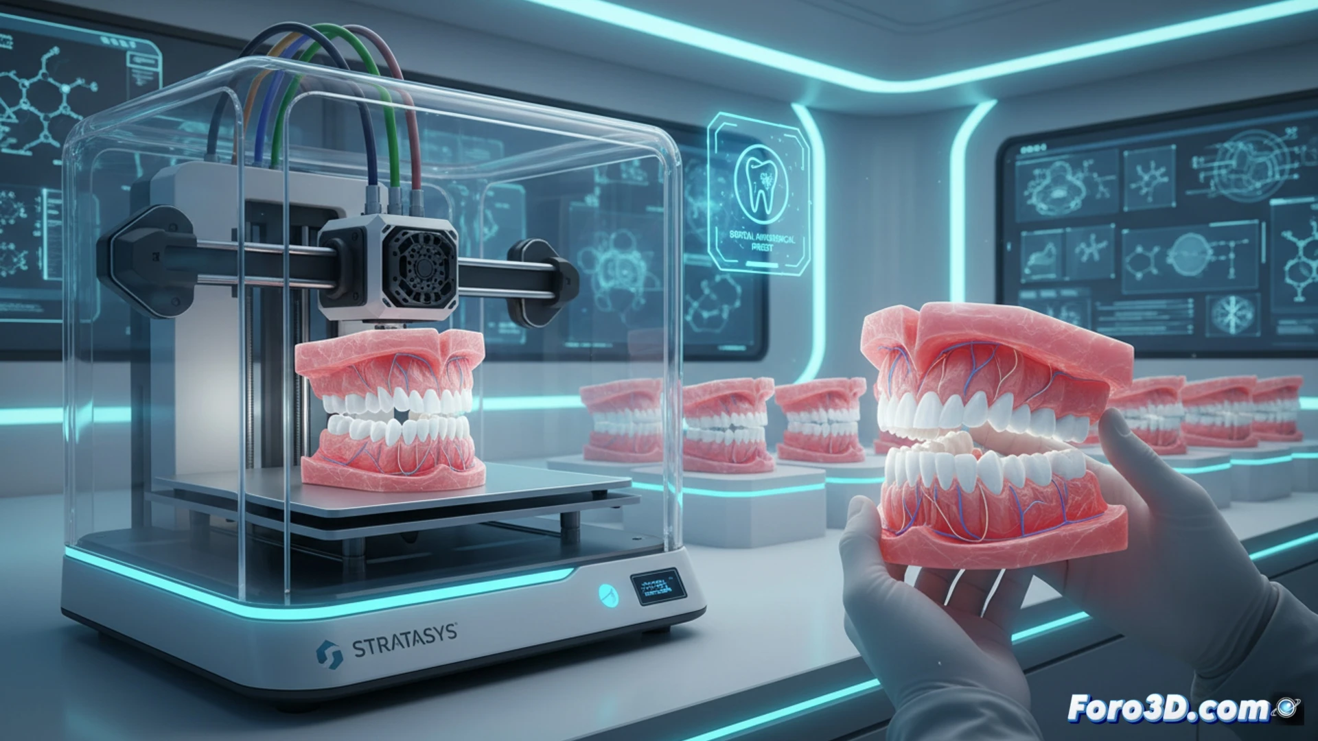 Impresora 3D multimaterial creando un modelo dental anatómico realista, con diferentes colores y texturas para dientes y encías.