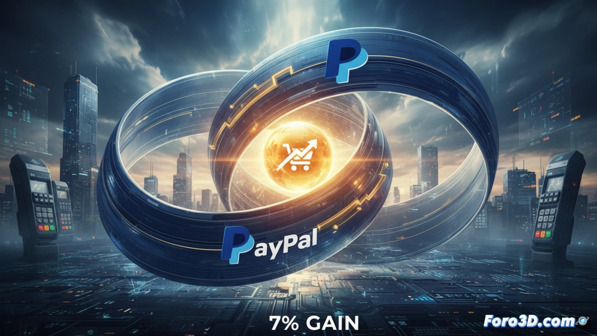 Dos logos, Stripe y PayPal, uniéndose como piezas de puzle sobre un fondo de transacciones digitales ascendentes.