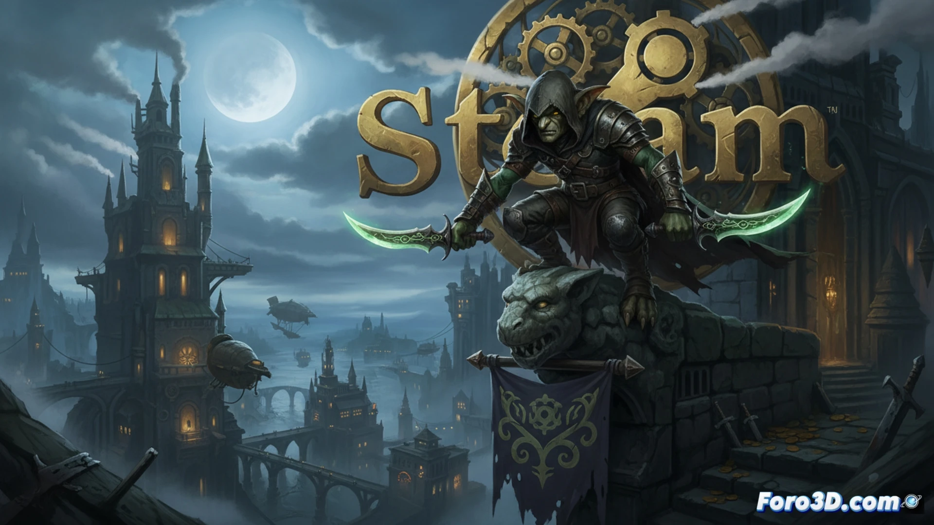 Un goblin ágil, con dagas en mano, acecha entre sombras y tesoros en una mazmorra iluminada por antorchas. Al fondo, el logo del juego brilla sobre una interfaz de Steam.