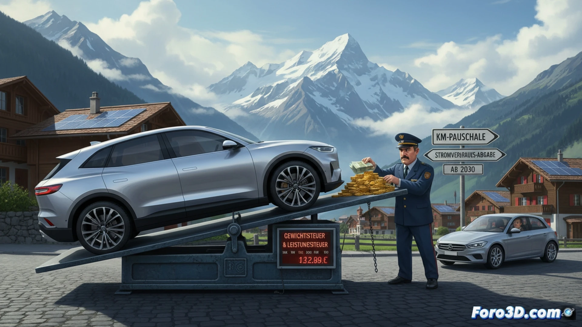 Un coche eléctrico pesado en una báscula gigante, con gráficos de impuestos y un símbolo de dinero en segundo plano.