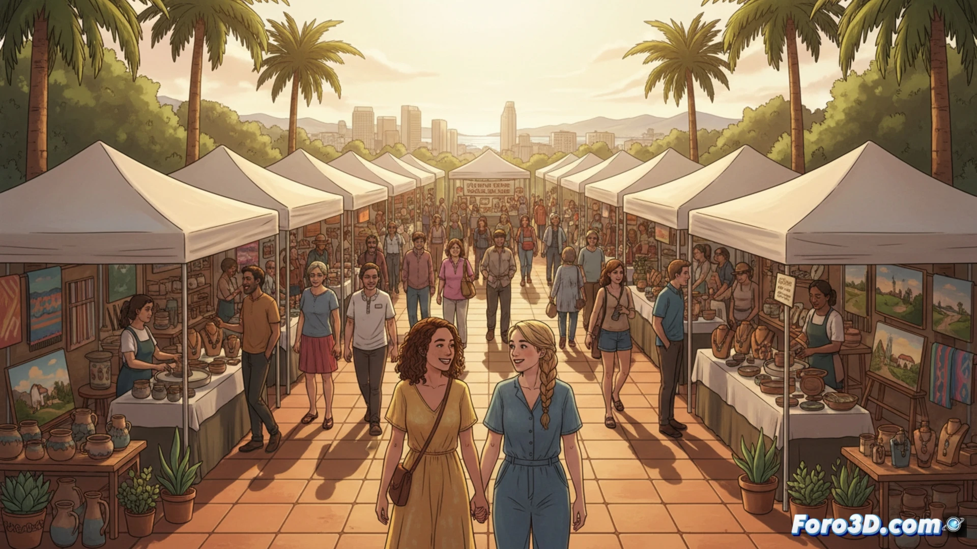 Un mercado al aire libre con puestos coloridos de creadores locales, donde la gente conversa y compra bajo un cálido sol de San Diego.