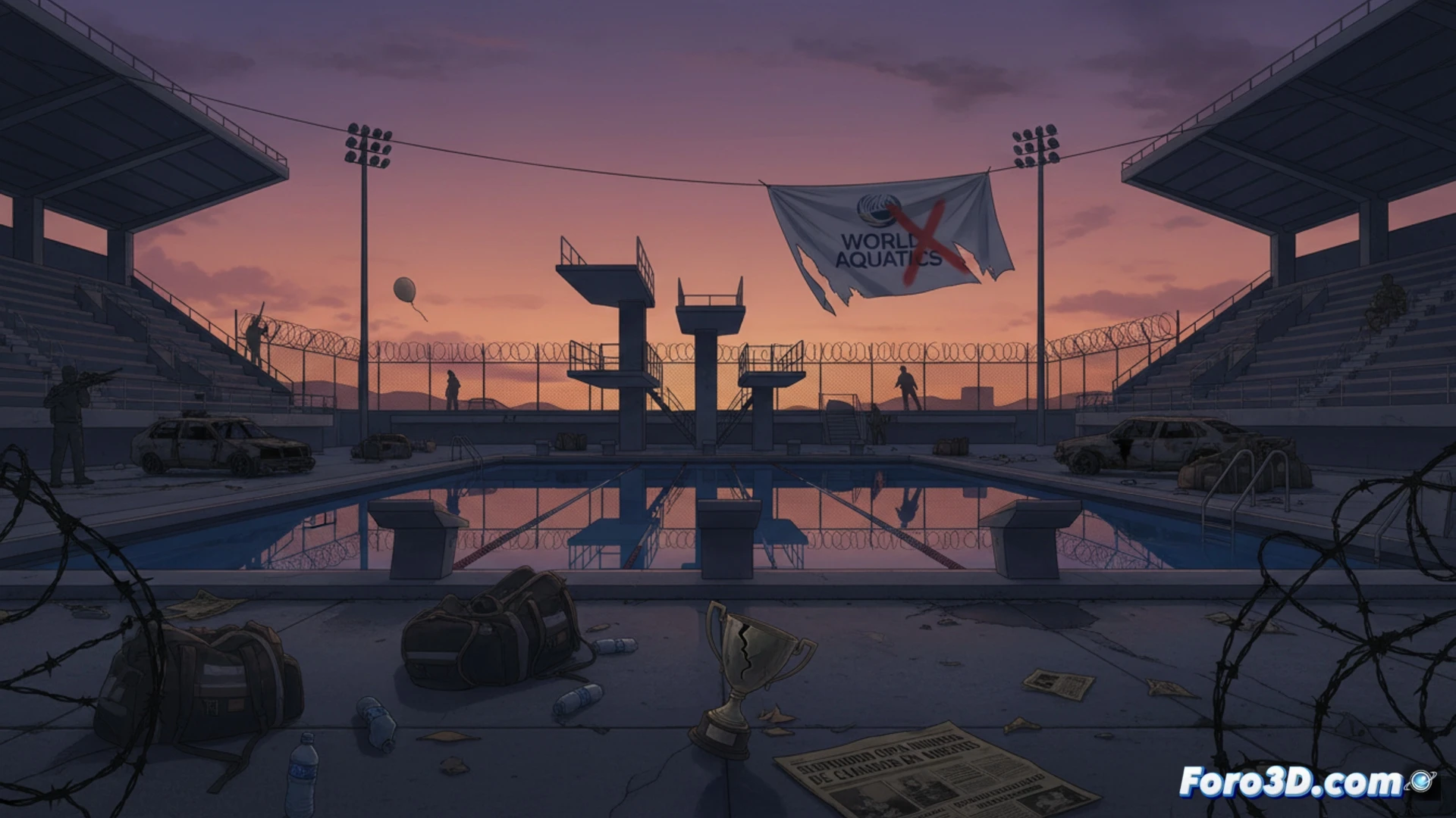 Un estadio de clavados vacío, con la bandera de World Aquatics ondeando, mientras helicópteros policiales sobrevuelan la ciudad mexicana al atardecer.