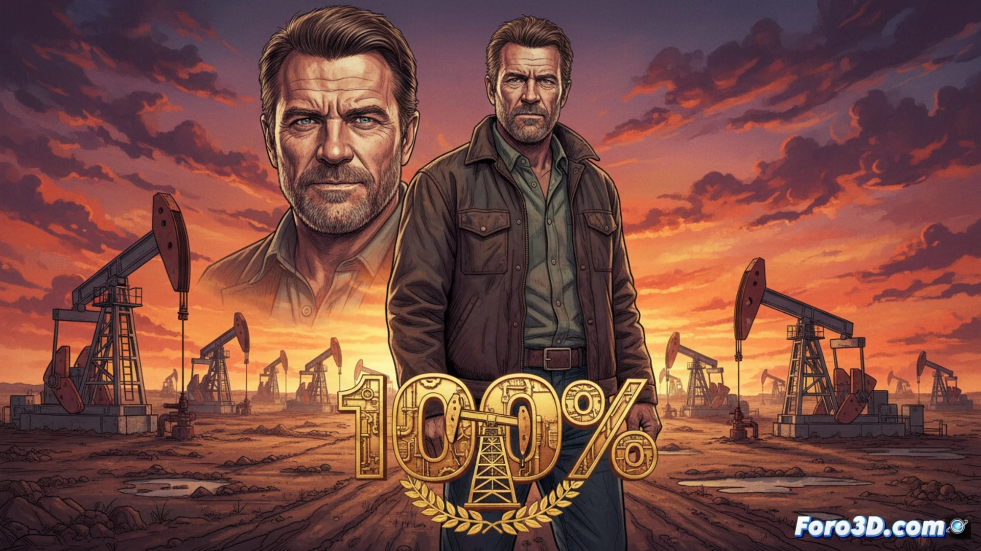 Un hombre con traje, Billy Bob Thornton, observa un campo petrolero al atardecer en Texas. Su expresión es ambigua, entre la ambición y la preocupación. En el fondo, torres de perforación se recortan contra un cielo anaranjado.