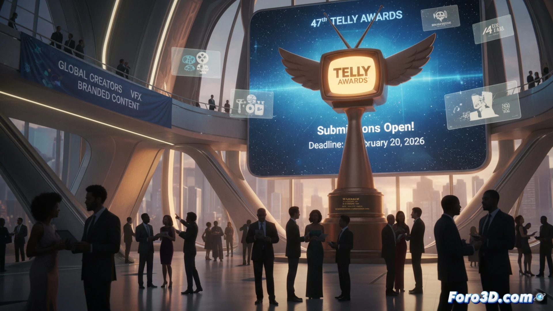 Un trofeo Telly plateado sobre un fondo dinámico con fechas clave y categorías flotando en luces de neón.