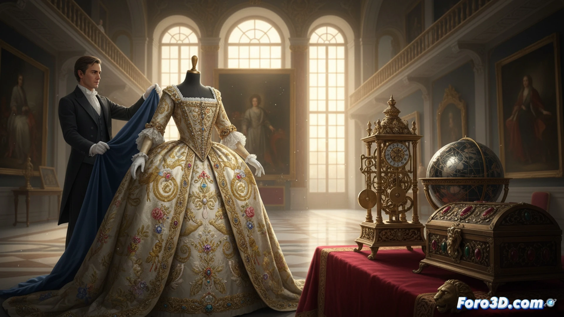 Imagen promocional que muestra un detalle de un bordado antiguo con hilos de oro y plata sobre un tejido de terciopelo, iluminado para resaltar su textura y complejidad.