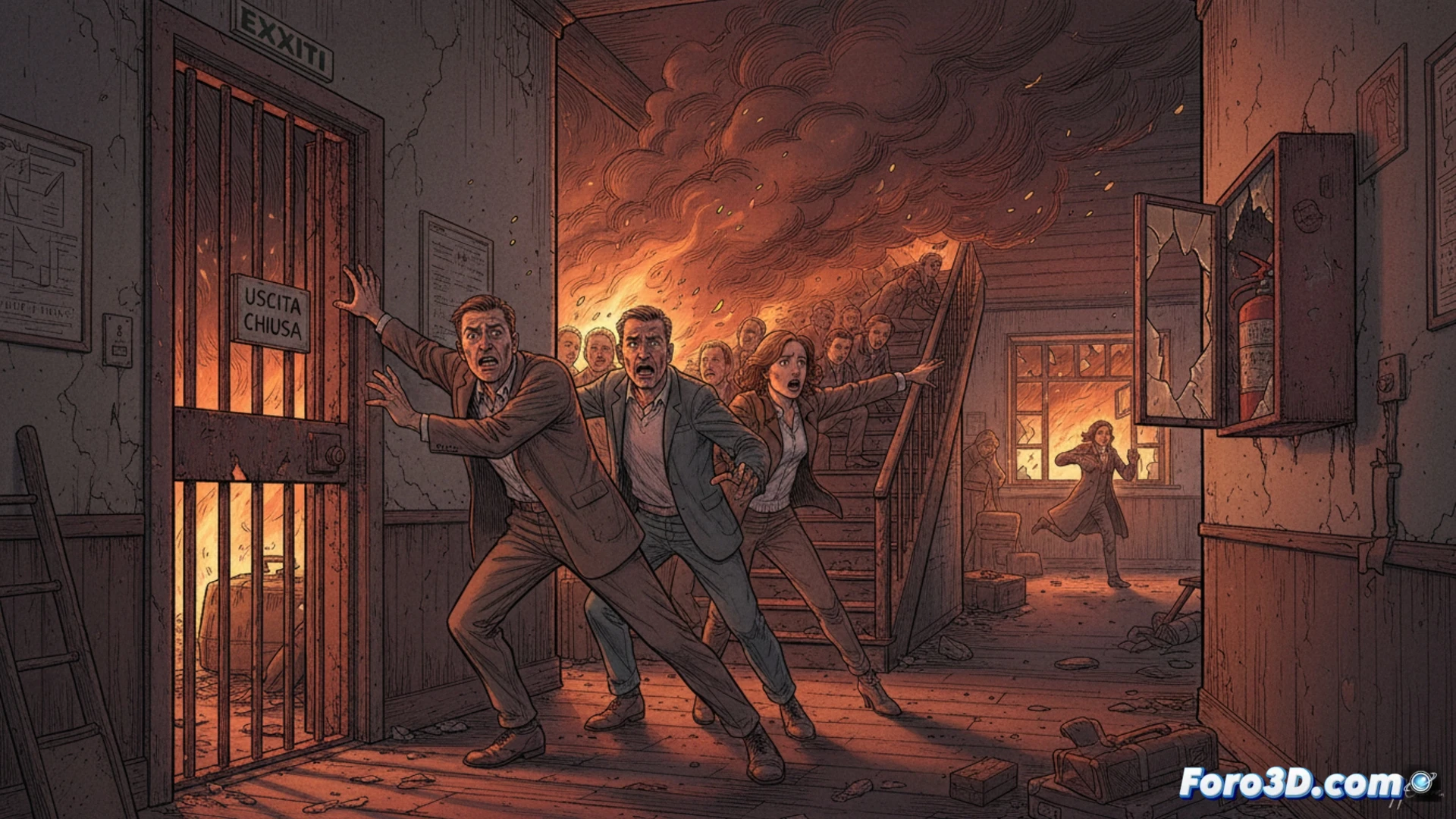 Imagen del interior del bar Le Constellation: salidas de emergencia bloqueadas, sin señalización, ambiente lleno de humo y clientes desorientados buscando una salida.