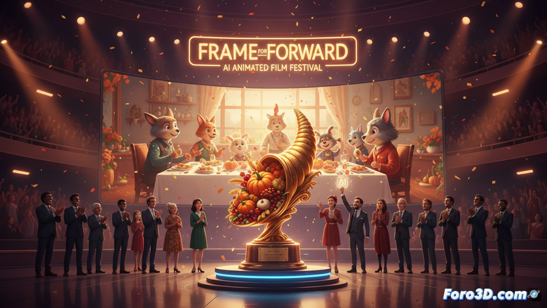 Un trofeo luminoso junto a un pavo animado con texturas digitales y elementos de IA flotando en un fondo festivo y onírico.