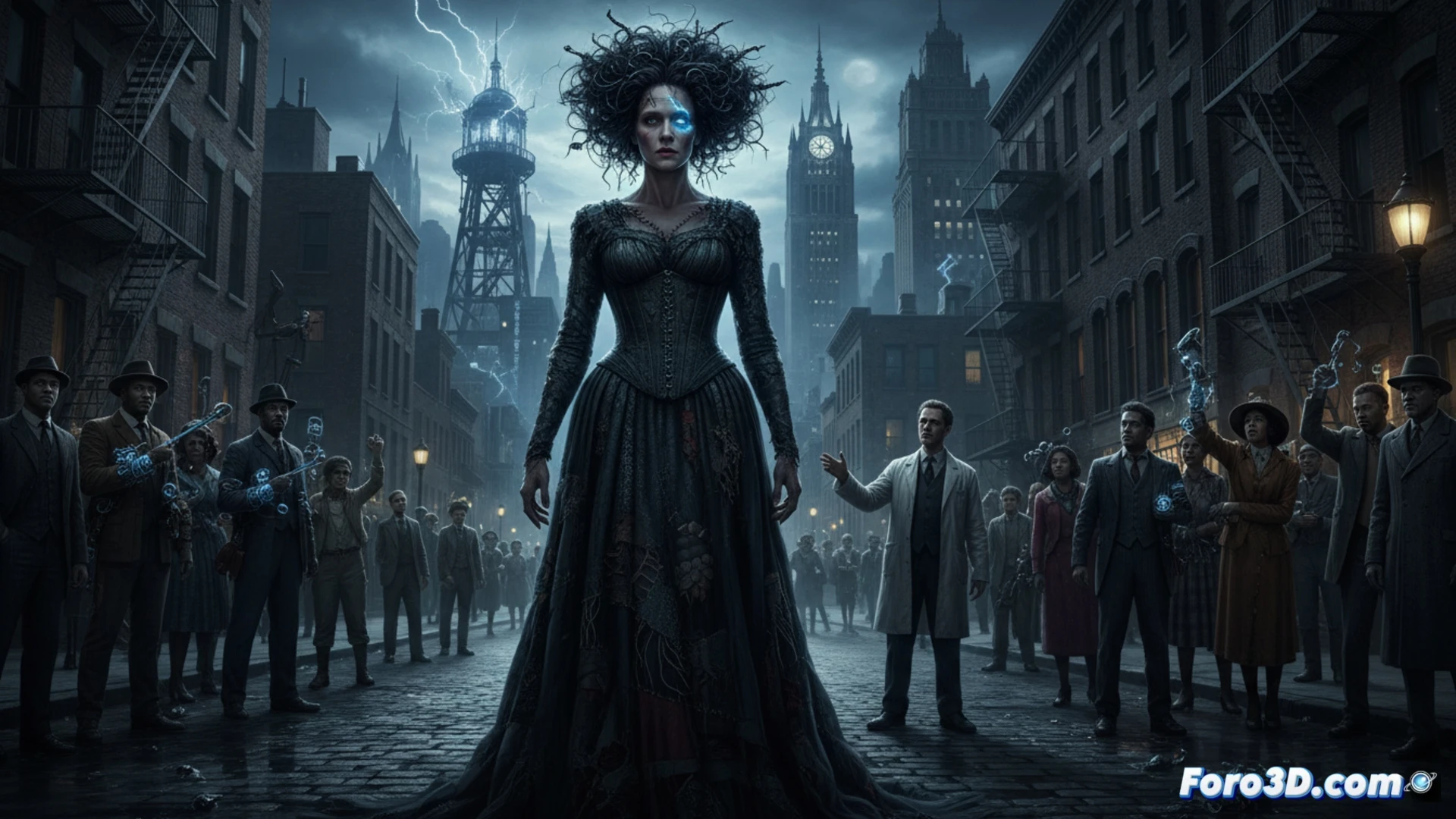 Una criatura solitaria observa desde las sombras el Chicago lluvioso de los años 30, mientras en un laboratorio iluminado, la figura de una mujer comienza a tomar forma entre chispas y vapor.