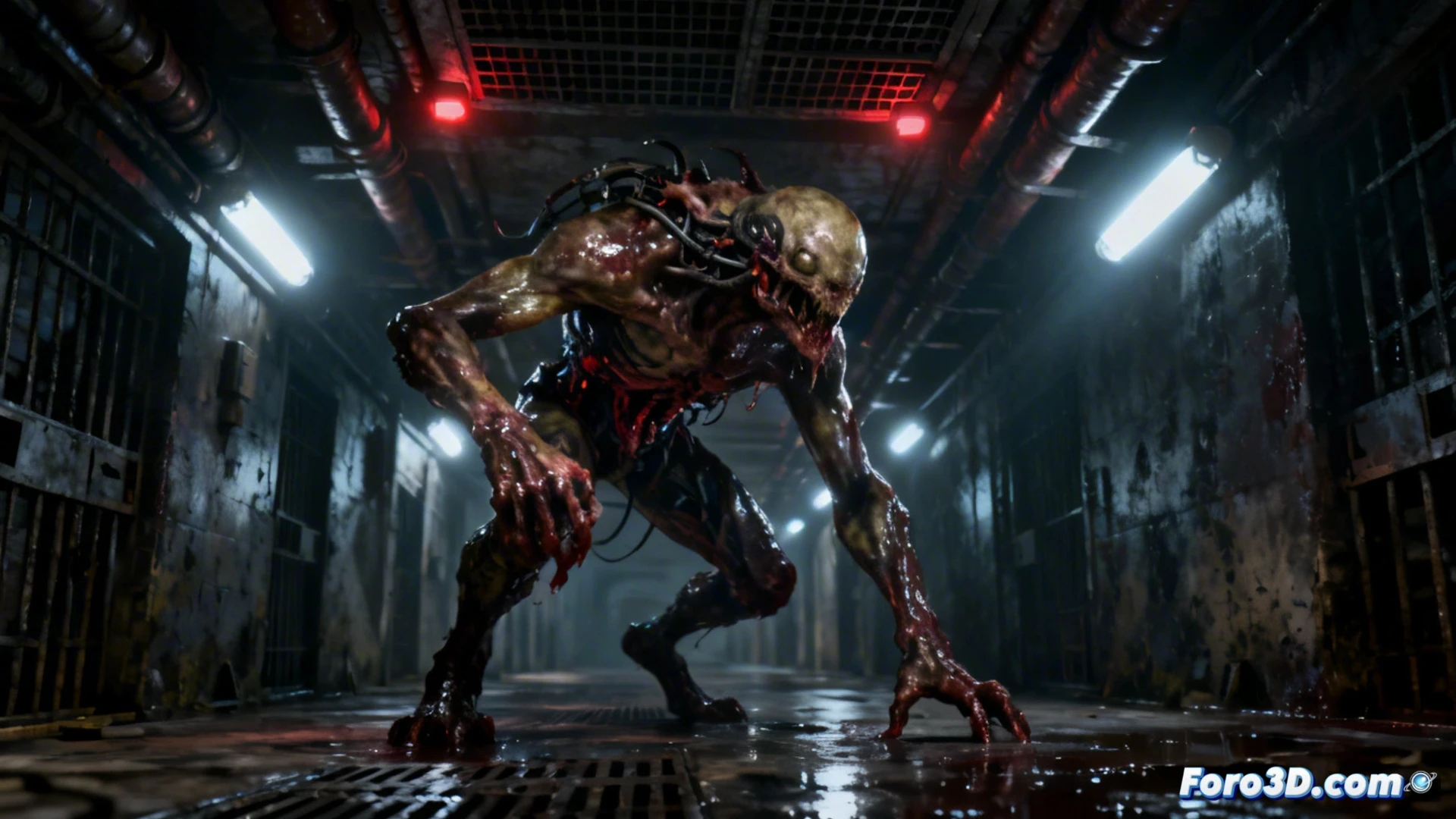 Captura de pantalla de The Callisto Protocol mostrando un pasillo oscuro y angosto iluminado por luces parpadeantes, con una criatura mutante acechando en la penumbra, destacando los efectos de iluminación y detalle de personajes.