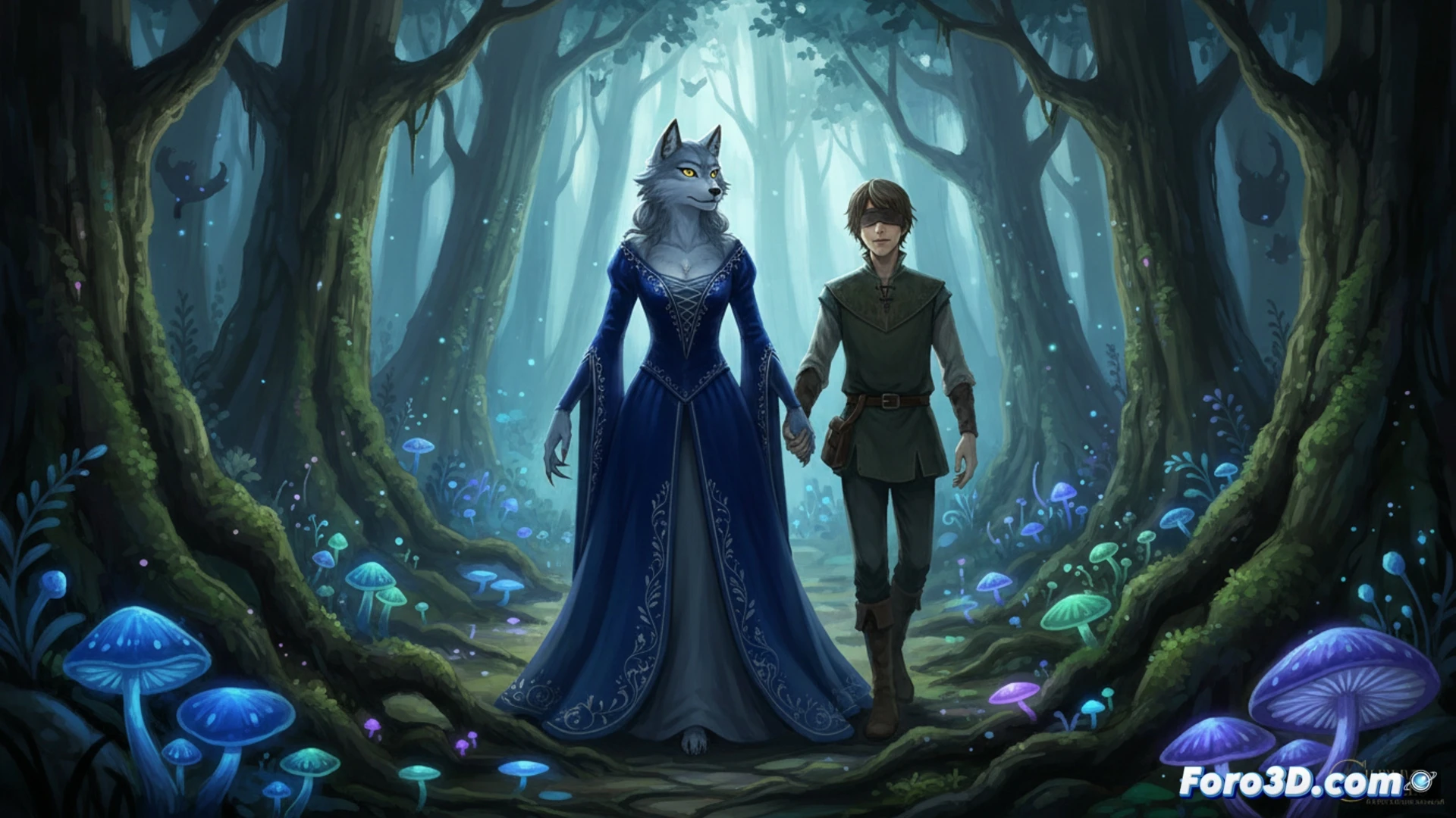 Captura de pantalla del videojuego The Liar Princess and the Blind Prince mostrando a la princesa-lobo y al príncipe ciego en un bosque con estilo de libro de cuentos ilustrado.