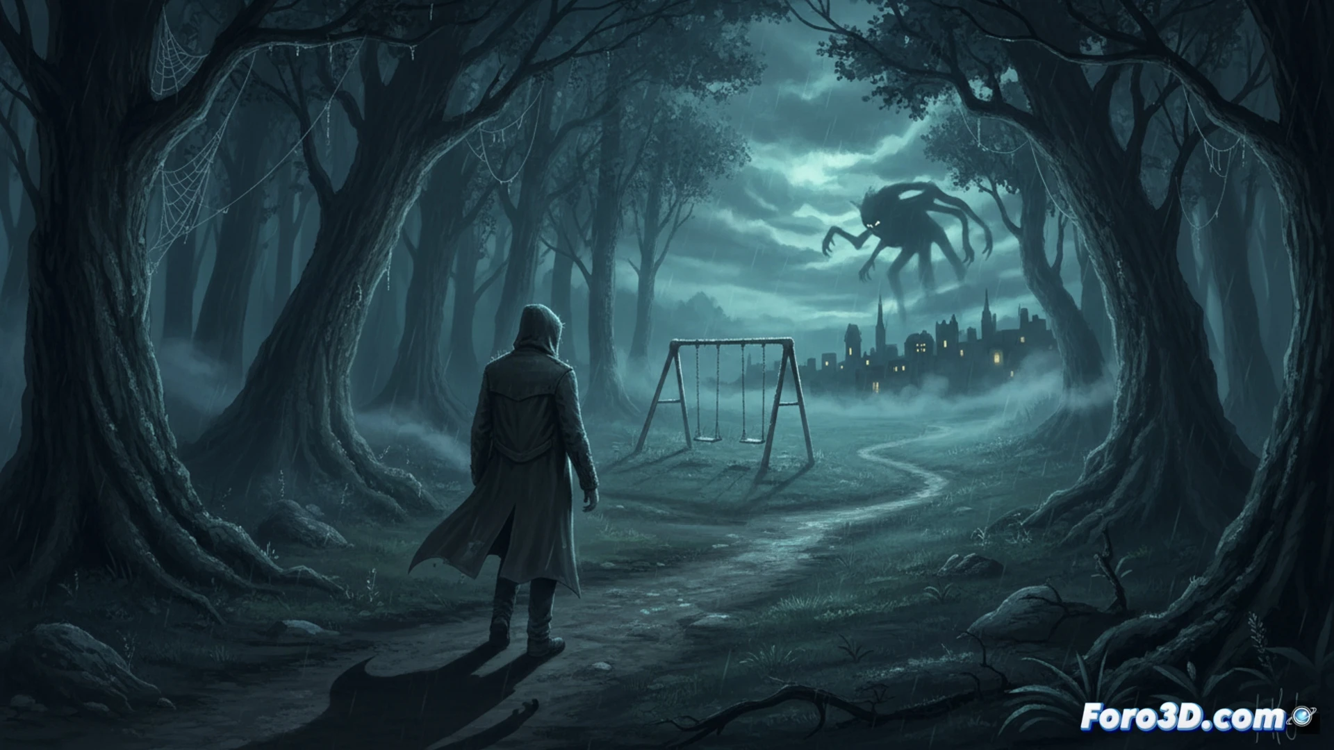 Una figura sombría y deforme observa desde un bosque brumoso, mientras un detective desesperado revisa escenas del crimen iluminadas por tenue luz azul. La atmósfera es de pesadilla y suspense palpable.