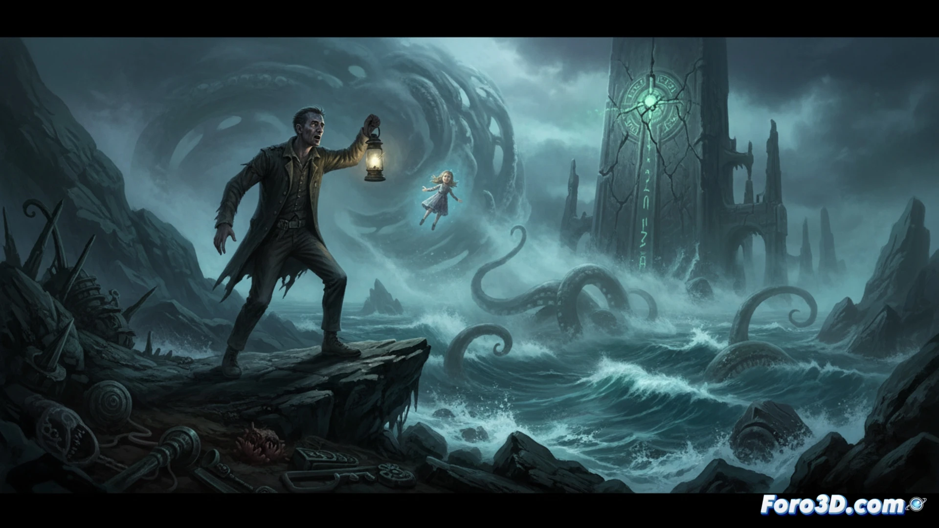 Un hombre explora una isla rocosa y brumosa, con monstruos cósmicos acechando entre ruinas antiguas y faros destartalados.