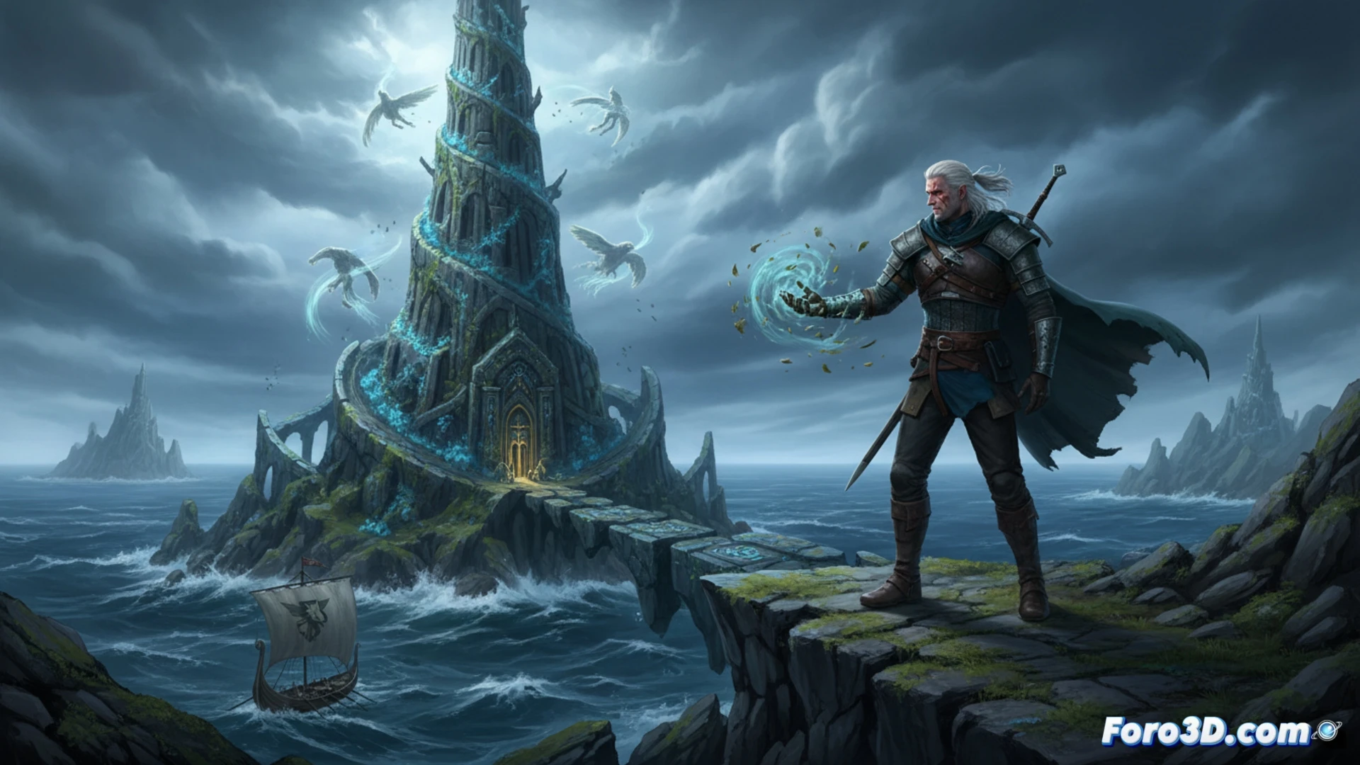 Geralt navega hacia una isla brumosa, espada al hombro, en una expansión gratuita creada por fans.