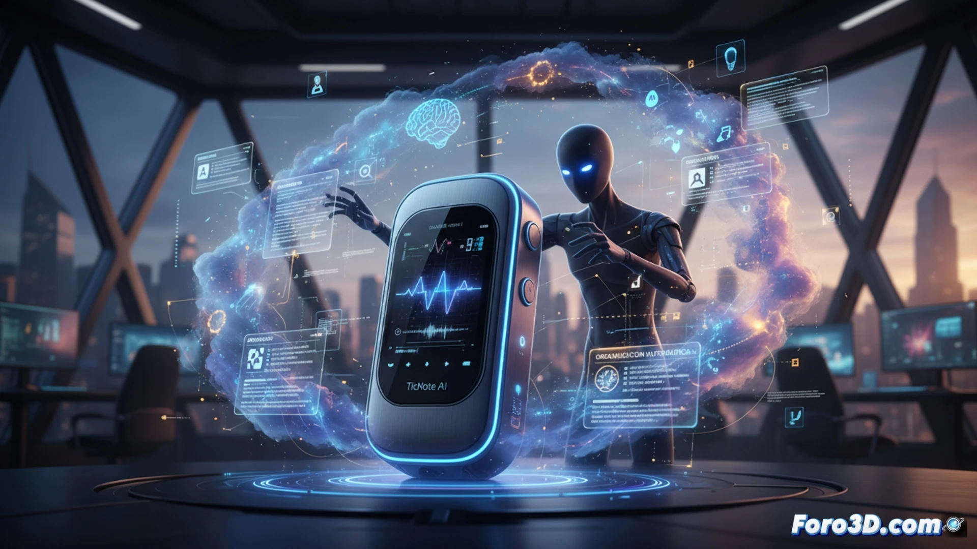 Una grabadora de voz sobre un escritorio moderno, con ondas de sonido transformándose en listas y notas organizadas automáticamente en una pantalla flotante.