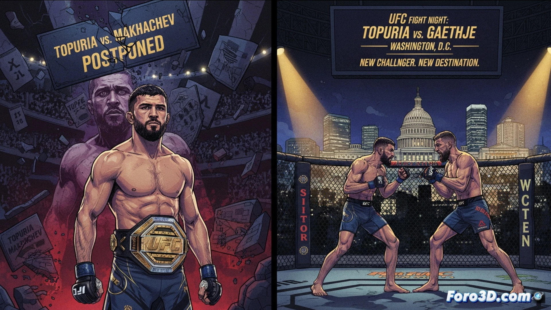 Ilia Topuria y Justin Gaethje se enfrentan en el octágono, mientras Islam Makhachev observa desde fuera.