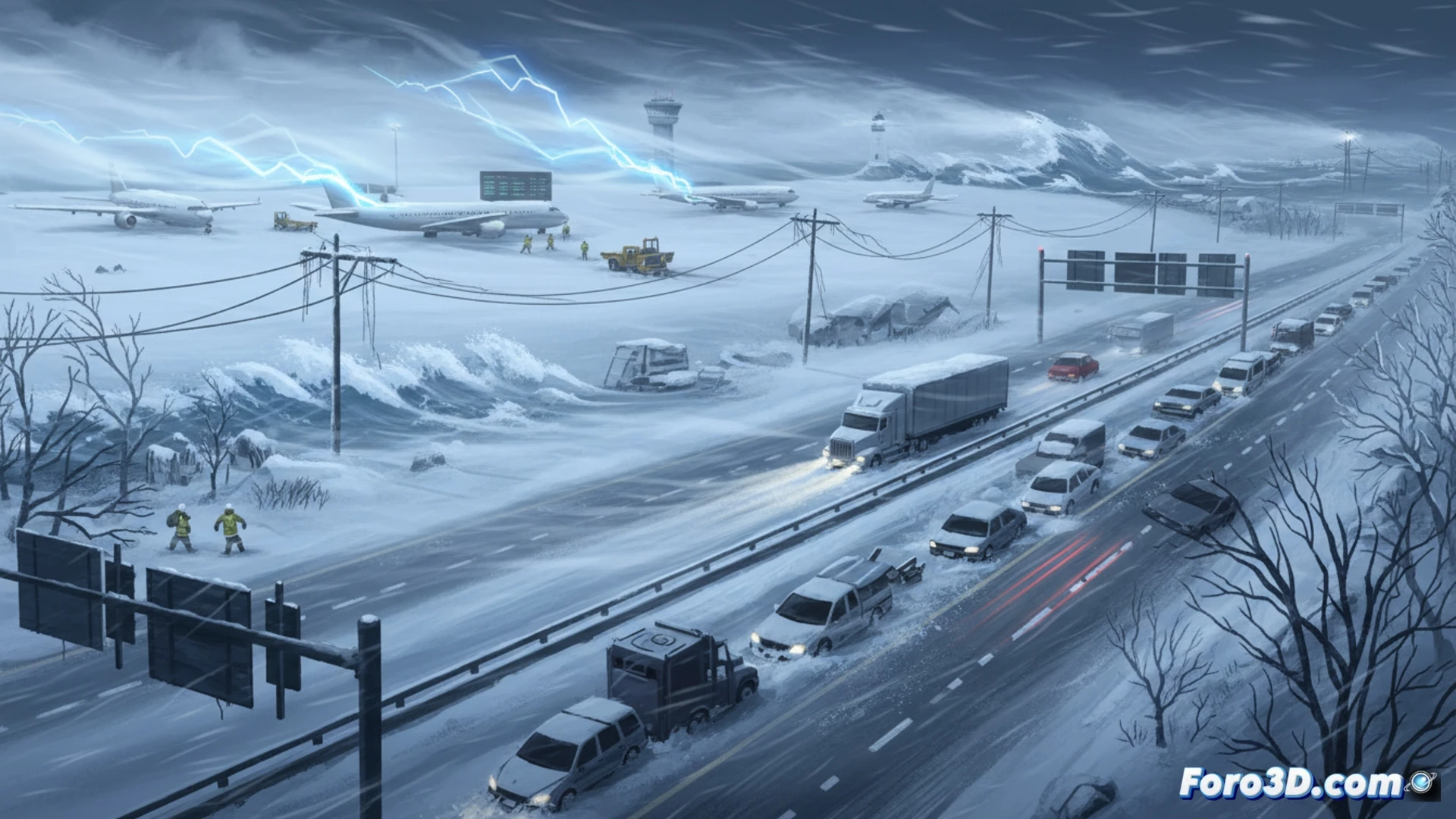 Una avenida de Nueva York cubierta de nieve, con taxis detenidos y fuertes ventiscas que reducen la visibilidad de los rascacielos.