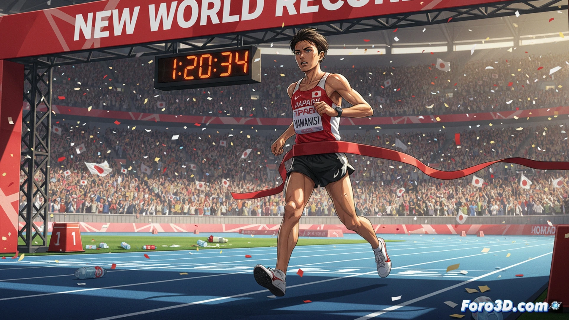 Atleta japonés en marcha atlética, liderando carrera urbana con técnica impecable bajo un cielo despejado.