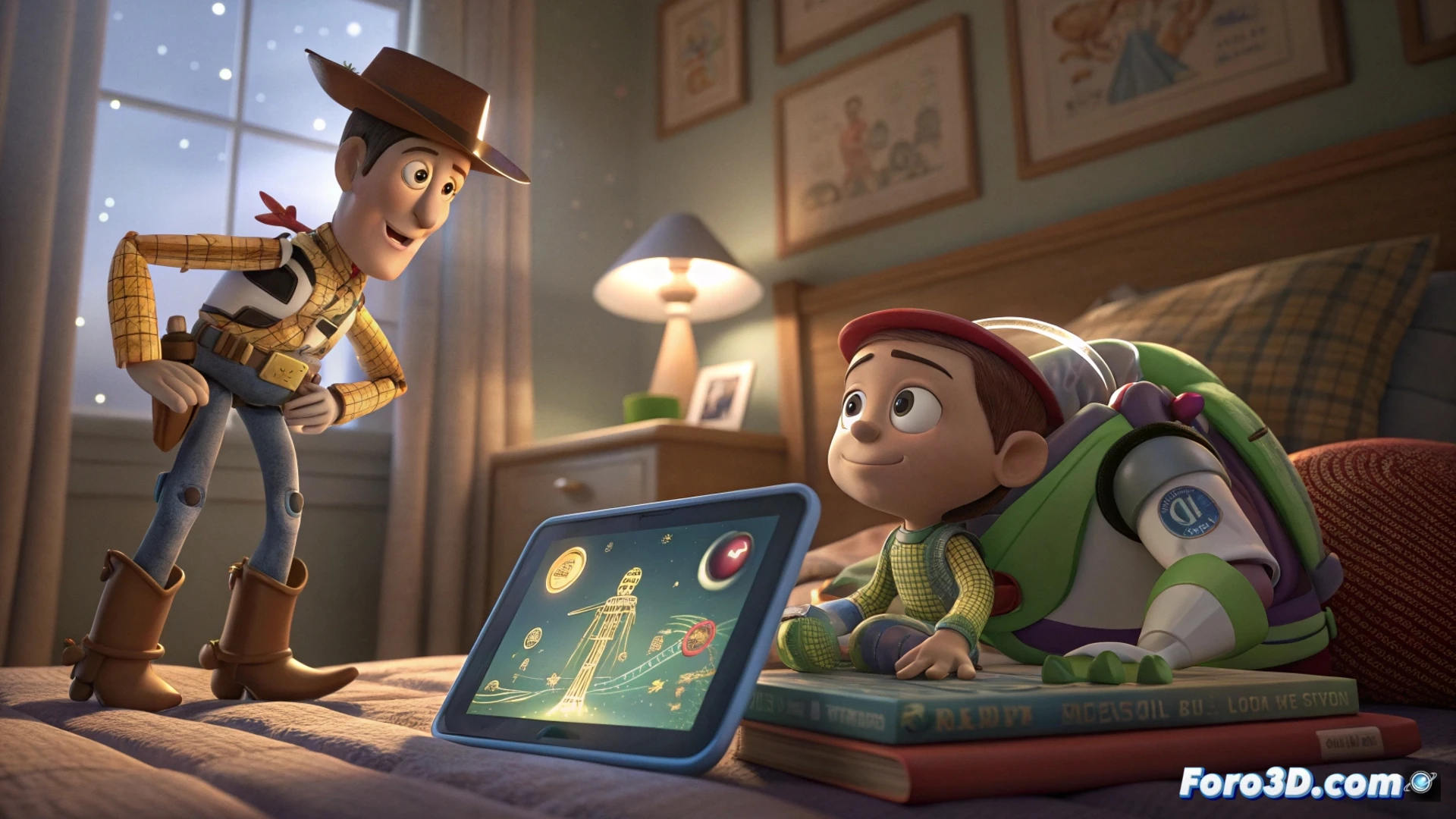 Woody y Buzz observan, preocupados, cómo Bonnie juega absorta con una tableta rosa brillante llamada Lilypad, mientras los juguetes clásicos quedan relegados en un estante.