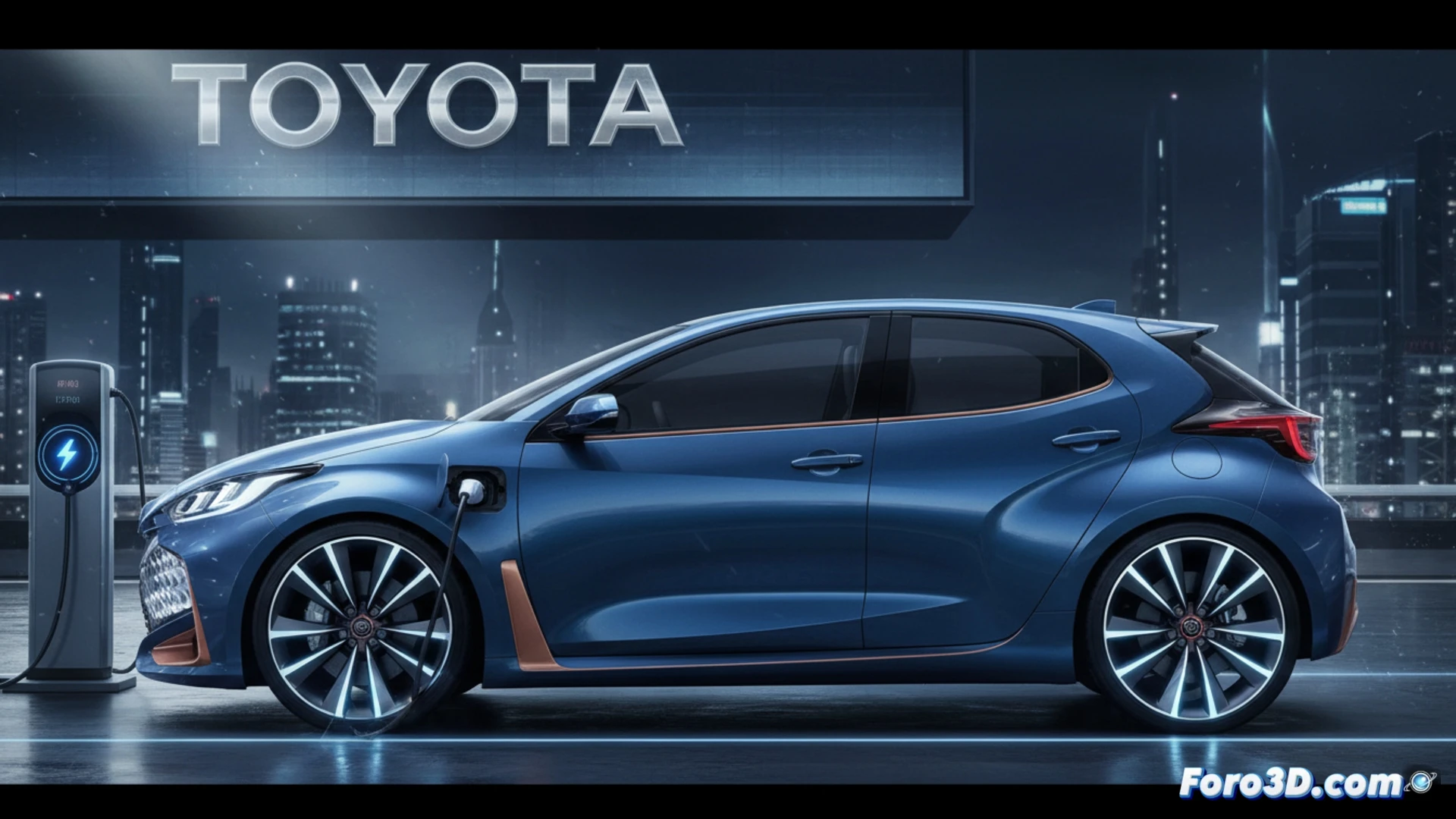 Futurista Yaris eléctrico junto a versiones híbridas, destacando líneas dinámicas y tecnología, en un entorno urbano moderno.