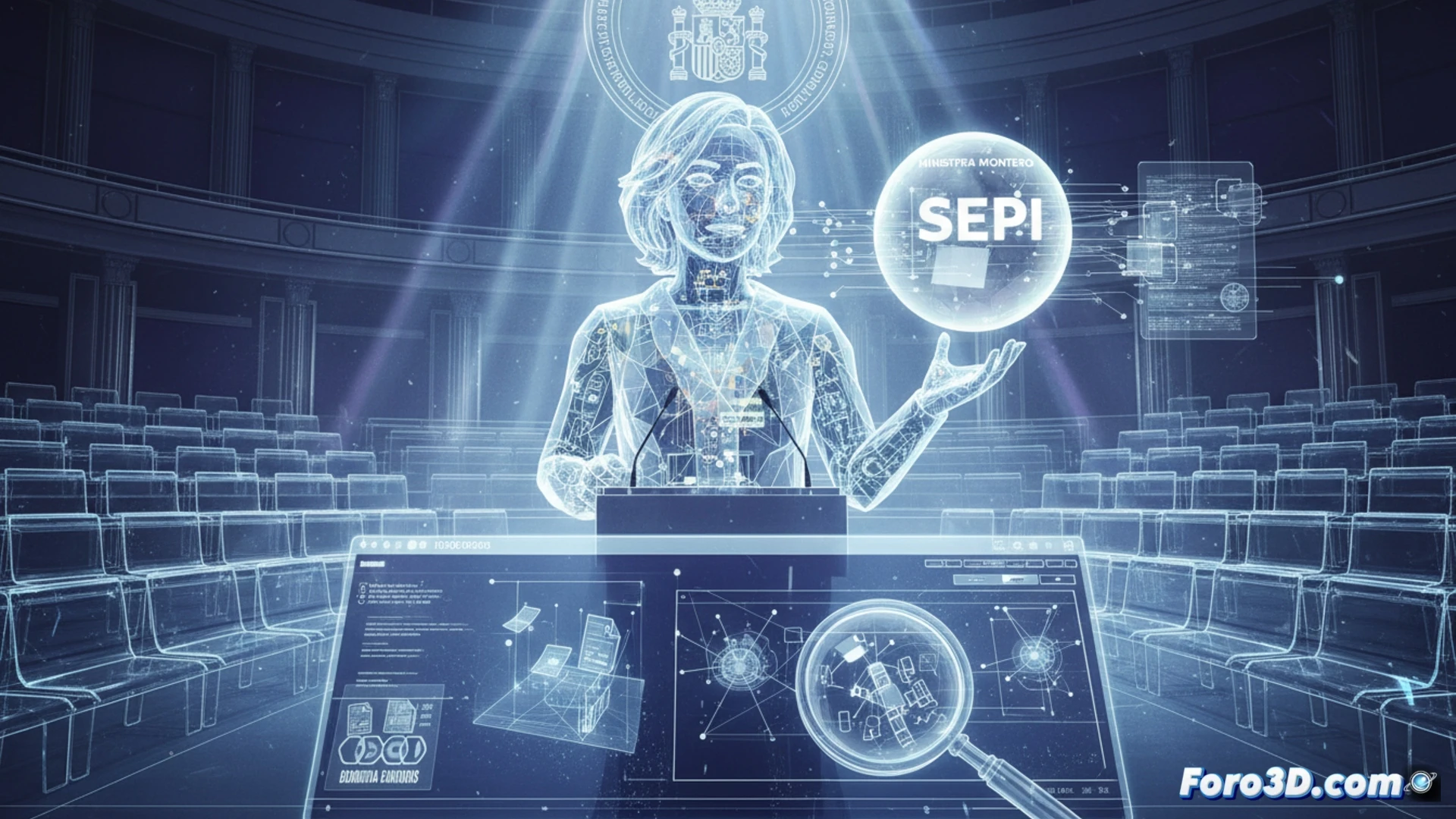 Ministra expone datos ante senadores, mientras un modelo 3D detallado se construye en pantallas de fondo, simbolizando transparencia y escrutinio pormenorizado.