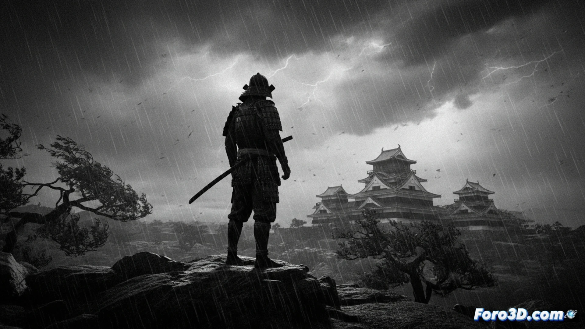 Captura de pantalla del videojuego Trek to Yomi mostrando a un samurái en un paisaje lluvioso, con una composición visual en blanco y negro y alto contraste que emula el estilo cinematográfico de Akira Kurosawa.