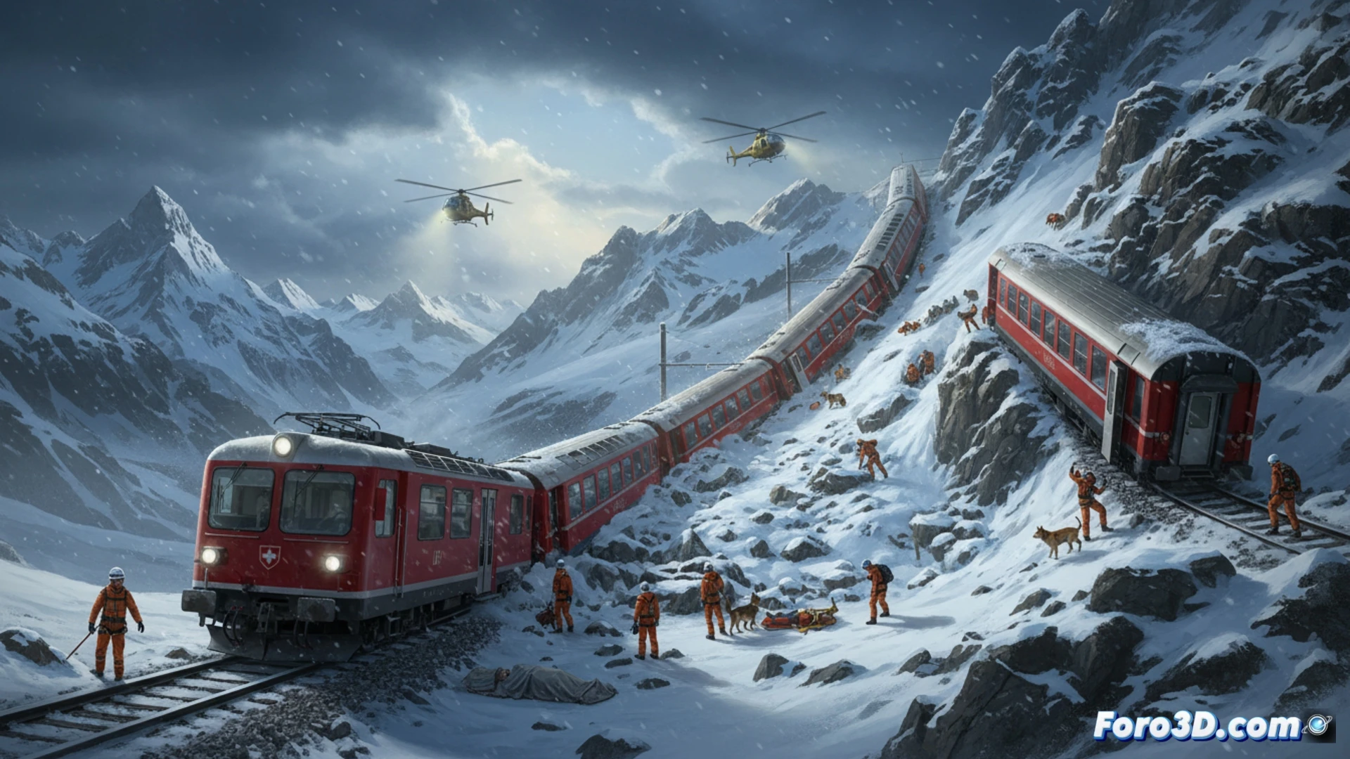 Tren descarrilado entre nieve y escombros en los Alpes. Vagones inclinados, equipos de emergencia trabajando en la escena nevada.