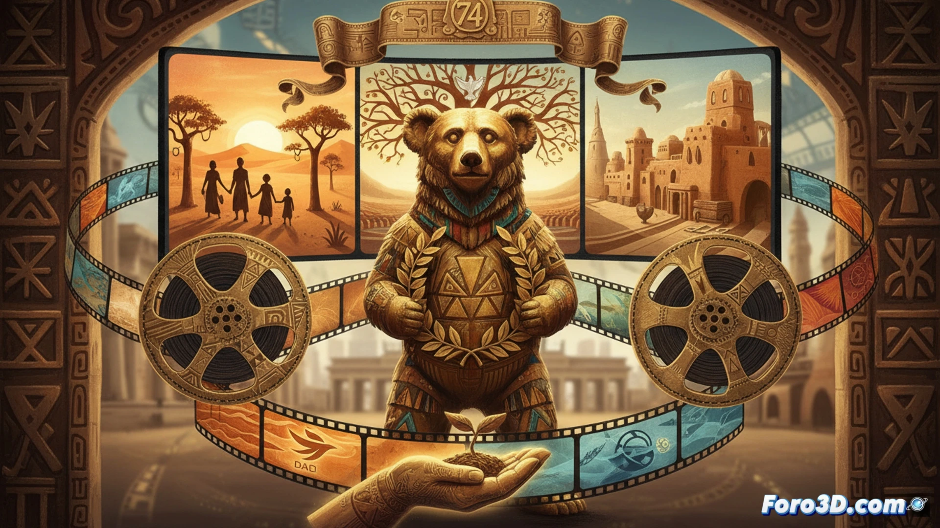 Un cineasta africano observa un Oso de Oro en la alfombra roja de la Berlinale, con pósters de películas como 'DAO' reflejando ceremonias y migración.
