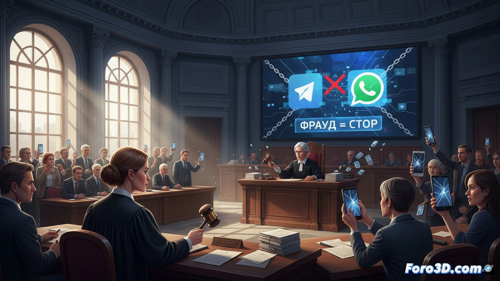 Imagen de un juez ruso golpeando un martillo sobre teléfonos con los logos de Telegram y WhatsApp bloqueados por candados.
