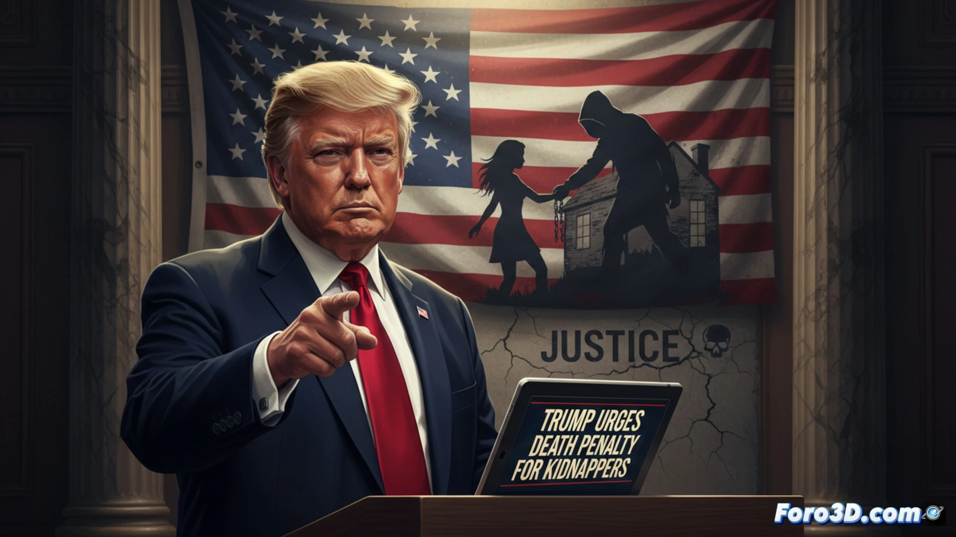 Imagen de Donald Trump en el Despacho Oval, con expresión severa, señalando un comunicado que menciona pena de muerte para secuestradores. Al fondo, una pantalla muestra fotos de Nancy Guthrie y agentes del FBI investigando.