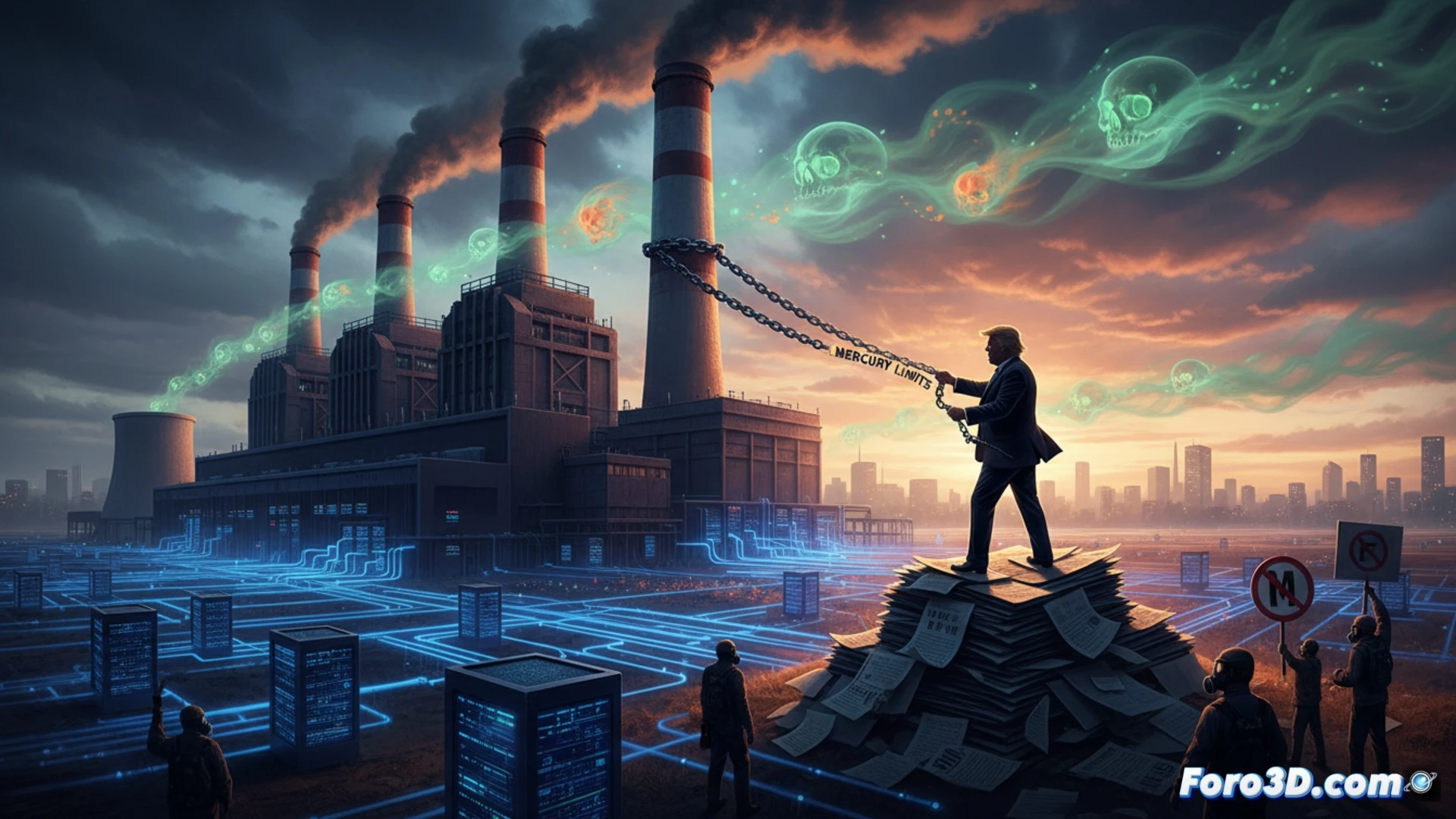 Imagen de una central eléctrica de carbón emitiendo humo, con torres de servidores brillantes superpuestas. Un símbolo de mercurio tóxico conecta ambos elementos.