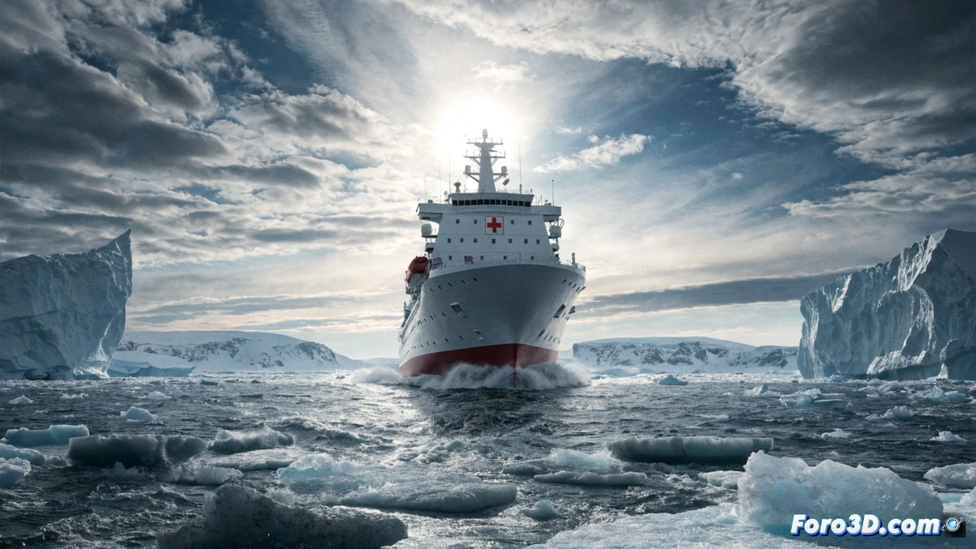 Un barco hospital estadounidense se aproxima a las costas montañosas y heladas de Groenlandia, bajo un cielo nublado y tenso. En primer plano, un inuit observa con recelo desde la orilla.
