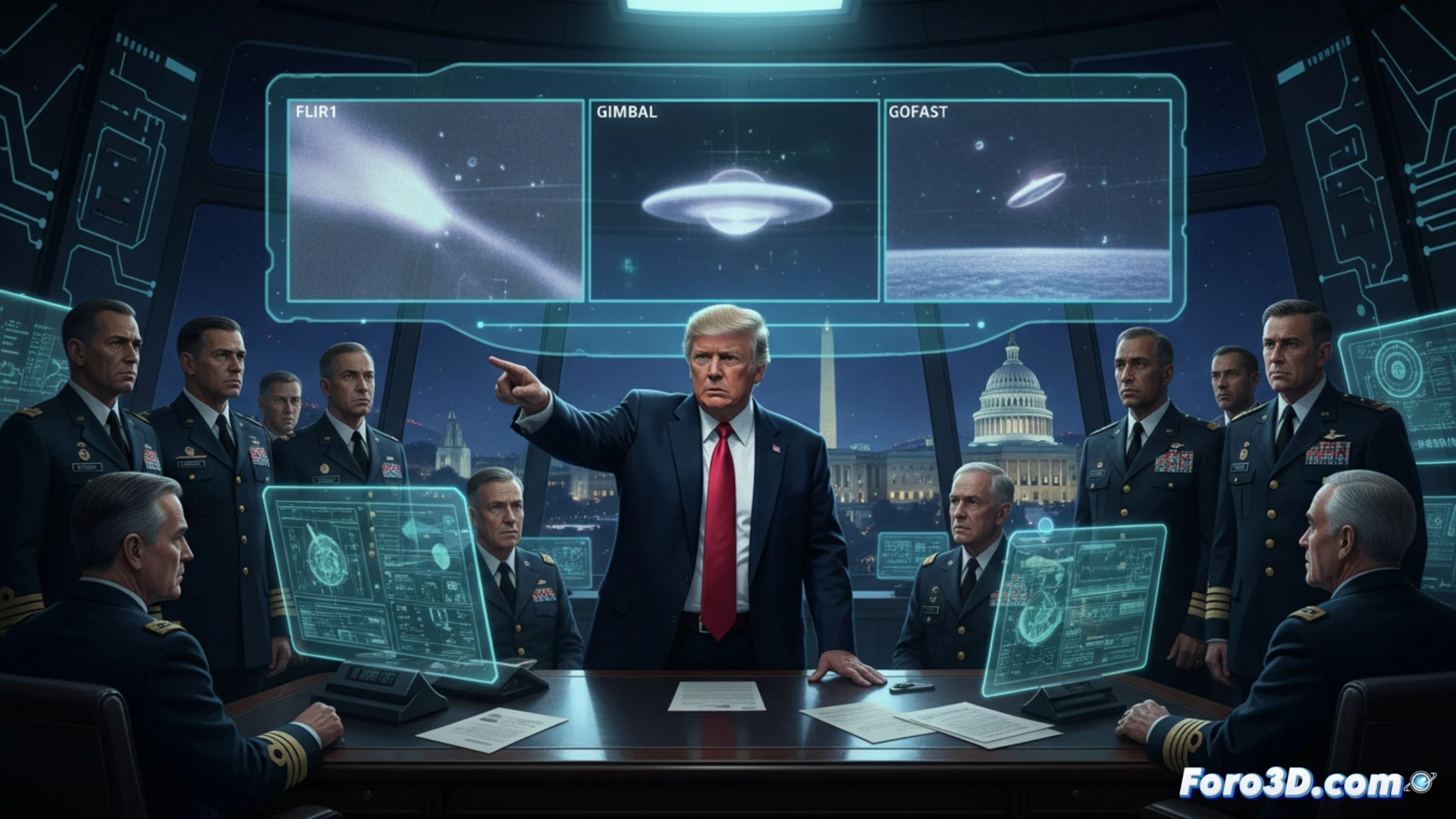 Imagen del expresidente Trump revisando videos de ovnis de la Marina con altos mandos militares en el Pentágono.