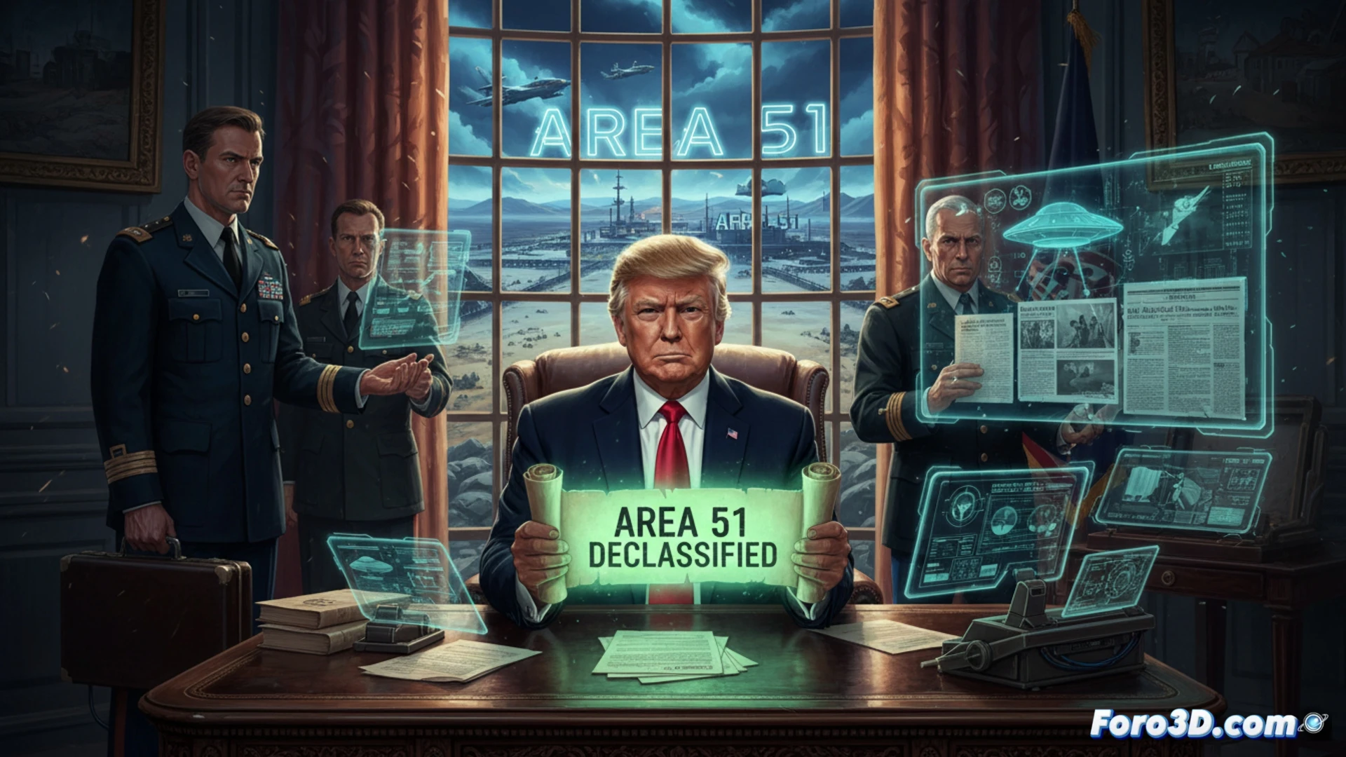 Un hombre con una corbata roja firma un documento, con archivos clasificados y un letrero de Área 51 borroso de fondo.