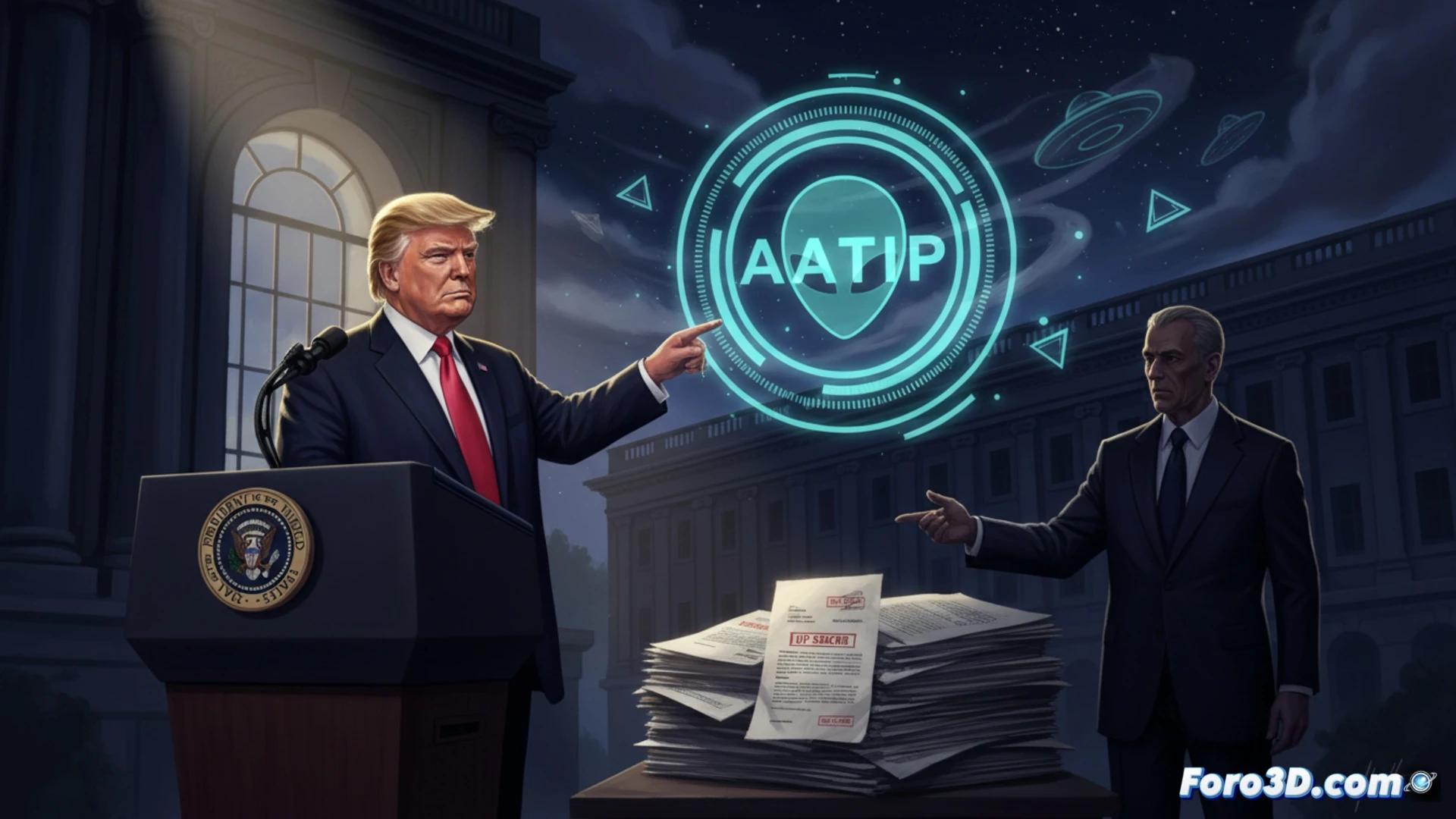 Un presidente apunta a documentos clasificados del Pentágono sobre OVNIs, con un fondo de informes y siluetas de objetos extraños en pantallas.