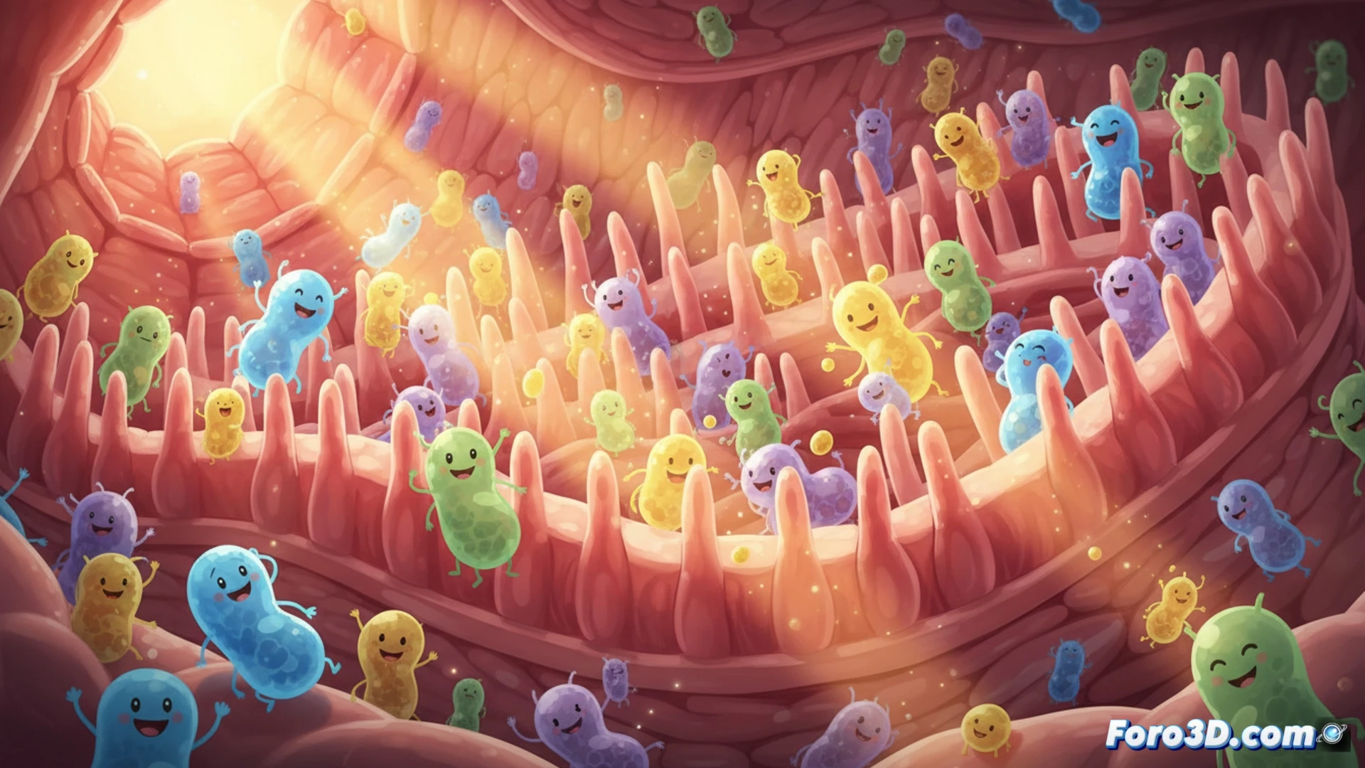 Ilustración conceptual de bacterias intestinales beneficiosas, representadas como vecinos amigables y coloridos en un entorno que simula el interior del intestino, destacando su papel protector.