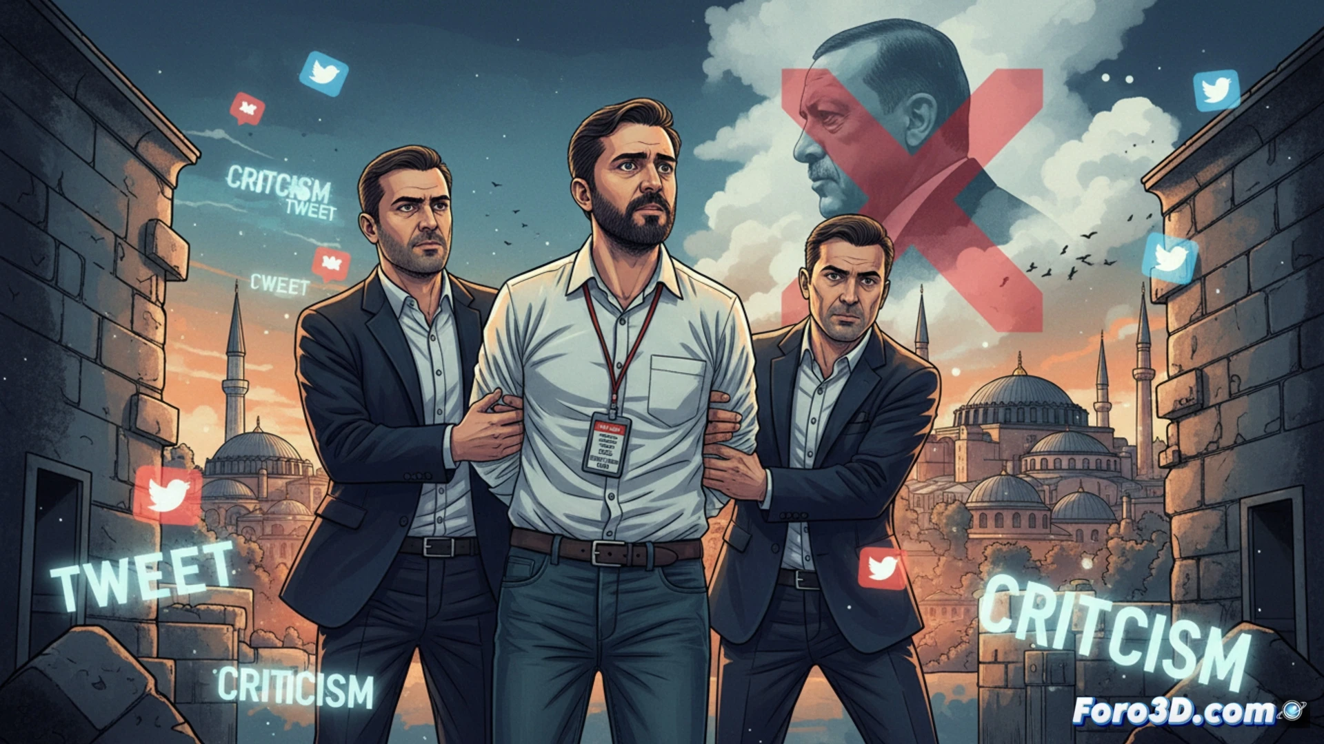 Un periodista detenido por sus críticas a Erdogan en redes sociales, rodeado de agentes policiales.