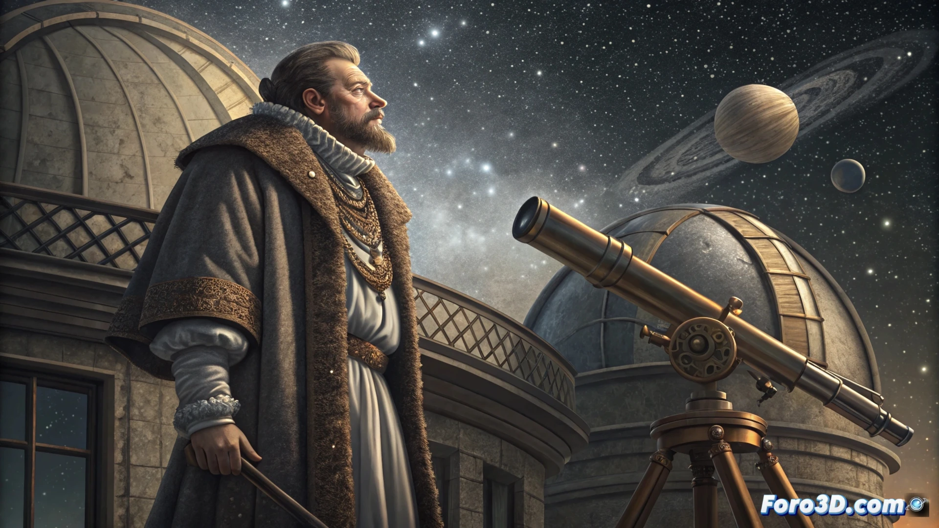 Descripción detallada: Una ilustración que fusiona el pasado y el futuro. Tycho Brahe, con atuendo del siglo XVI, observa a través de un telescopio antiguo. Su lente, sin embargo, proyecta un mapa estelar digital moderno, lleno de miles de puntos de luz que representan satélites activos y peligrosos fragmentos de basura espacial en órbita terrestre. Al fondo, un cielo nocturno se mezcla con redes de datos y trayectorias orbitales superpuestas.