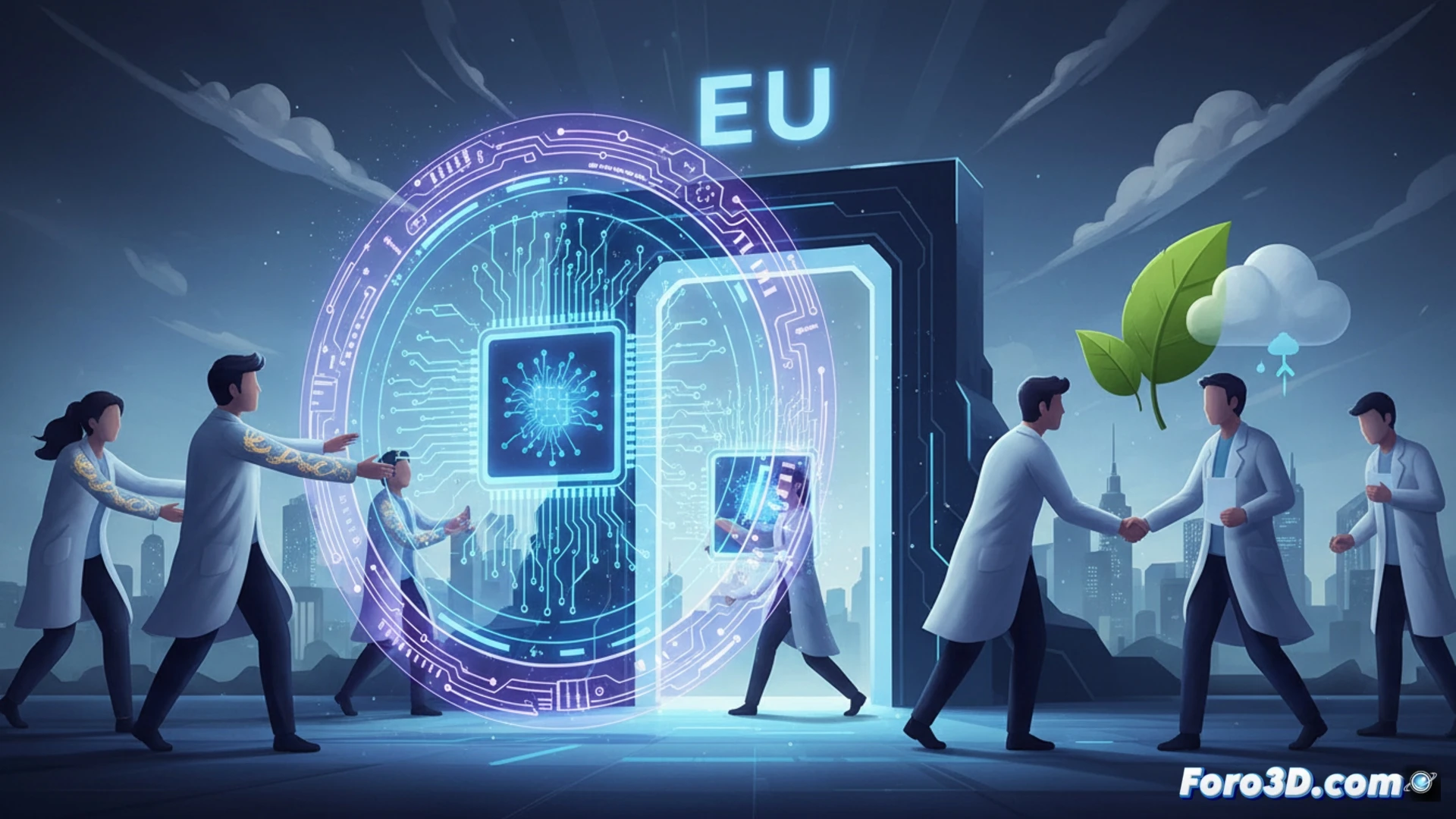 Un científico observa un chip de silicio mientras banderas de la UE y China se separan en el fondo, con gráficos de circuitos y átomos difuminados.