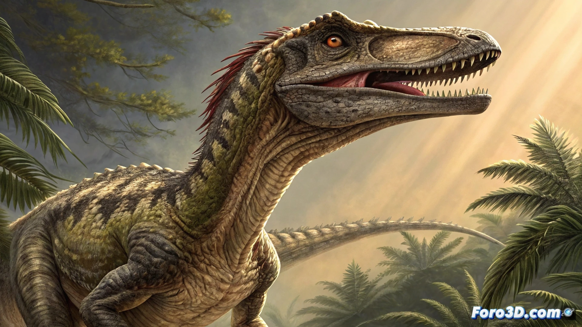 Reconstrucción de *Alnashetri cerropoliciensis*, un pequeño dinosaurio alvarezsaurio de tres dedos, en un entorno cretácico de Argentina.