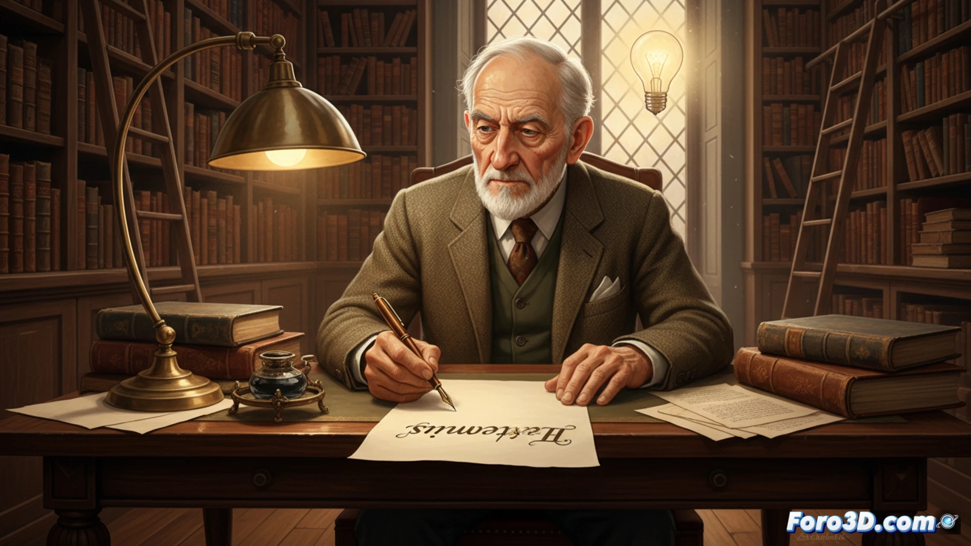 Alfonso J. Ussía sonriendo, sosteniendo un diploma o placa simbólica, con estanterías de libros de fondo en una biblioteca o estudio.