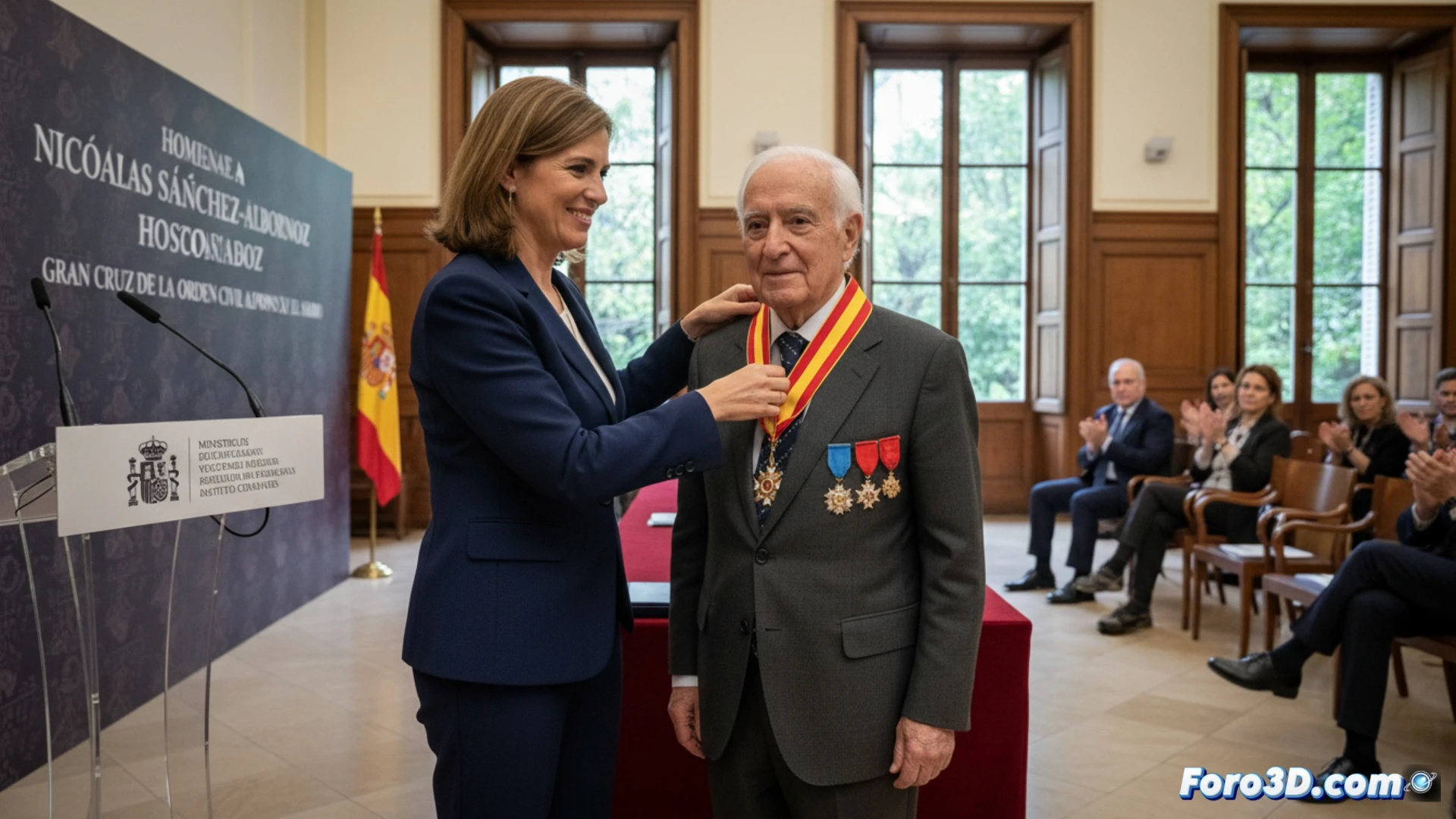 Nicolás Sánchez-Albornoz recibe la Gran Cruz de la Orden Civil de Alfonso X El Sabio de manos de la ministra de Educación, Milagros Tolón, en un acto solemne en Madrid.