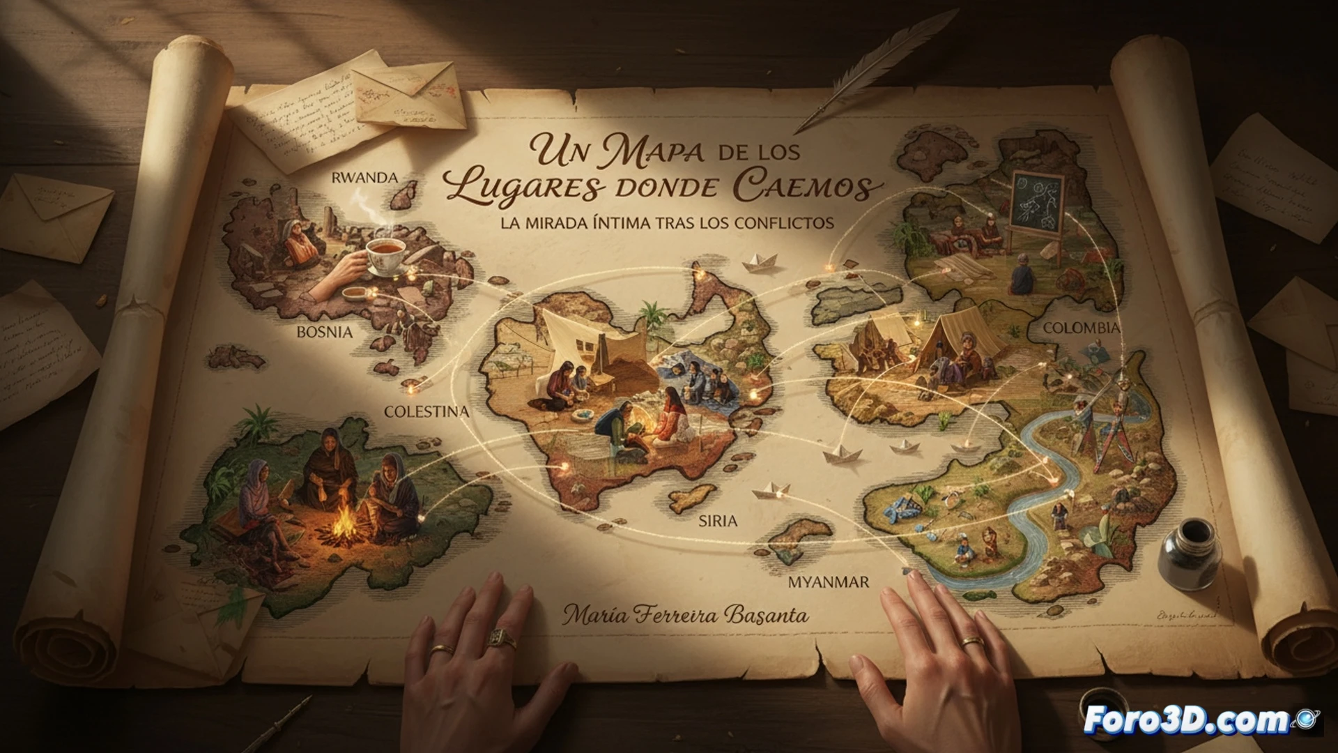 Una mujer escribe cartas sobre un mapa marcado por conflictos, con nombres como Jerusalén o Kenia.